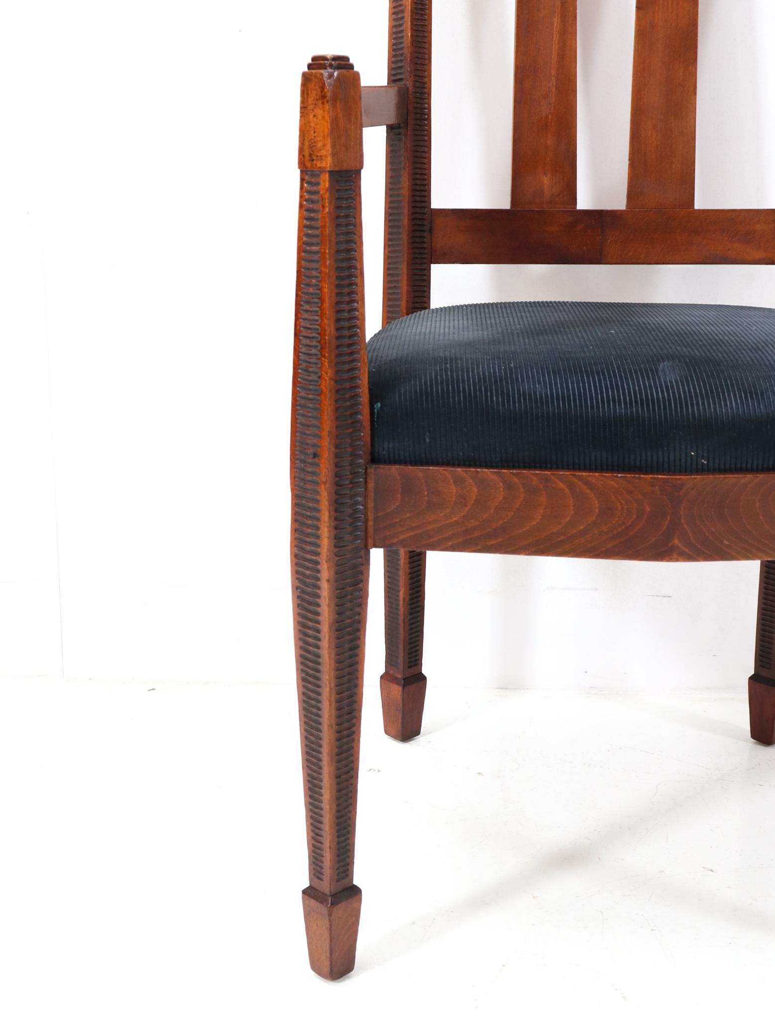 Dutch Set of Six Art Deco Amsterdamse School High Back Dining Room Chairs, 1920s For Sale