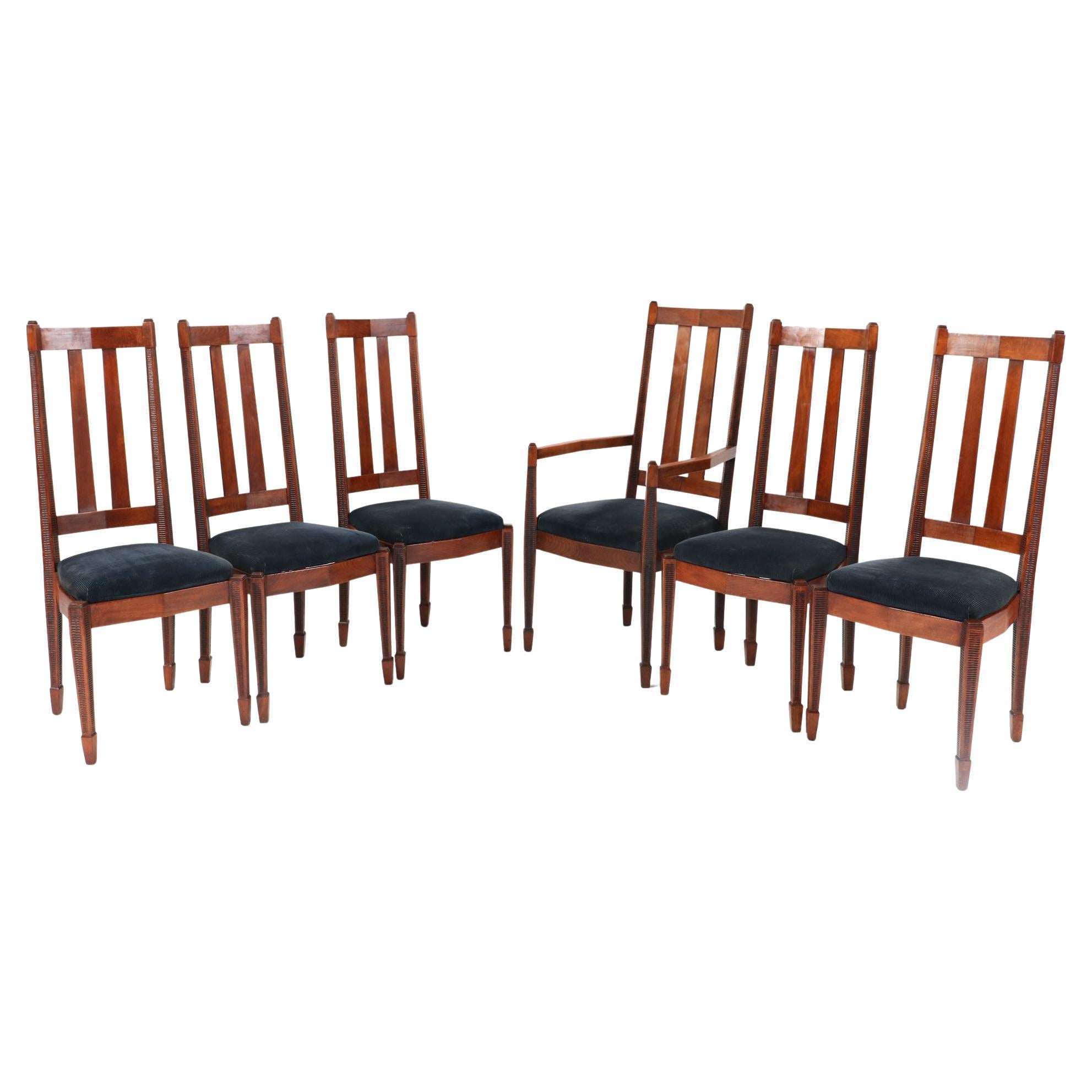 Set of Six Art Deco Amsterdamse School High Back Dining Room Chairs, 1920s