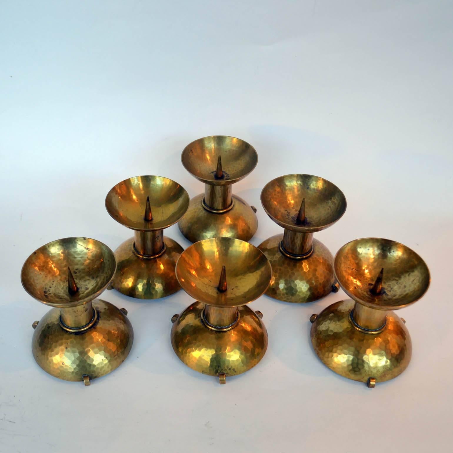 German  Set of Six Art Deco Brass Candle Holders in Bauhaus Style