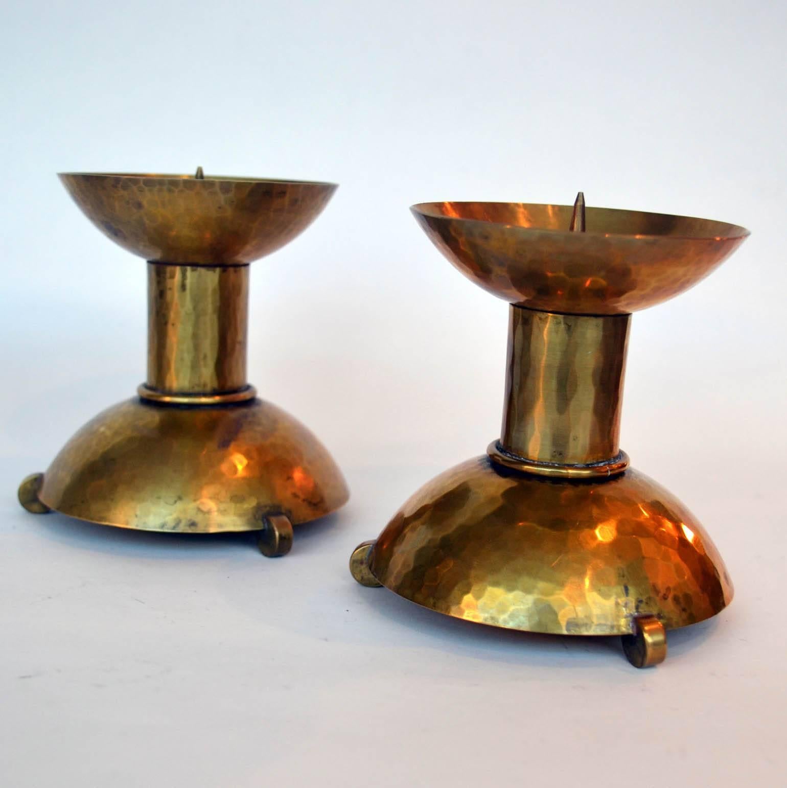 Hammered  Set of Six Art Deco Brass Candle Holders in Bauhaus Style