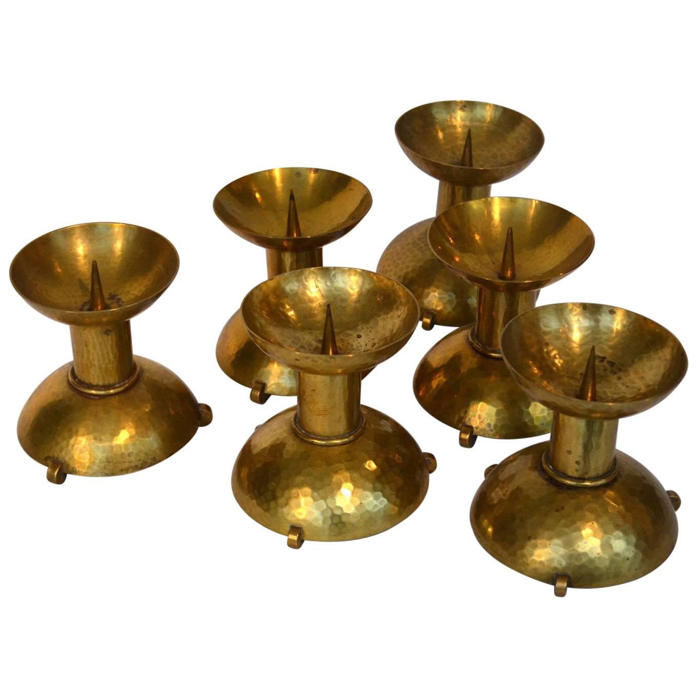  Set of Six Art Deco Brass Candle Holders in Bauhaus Style