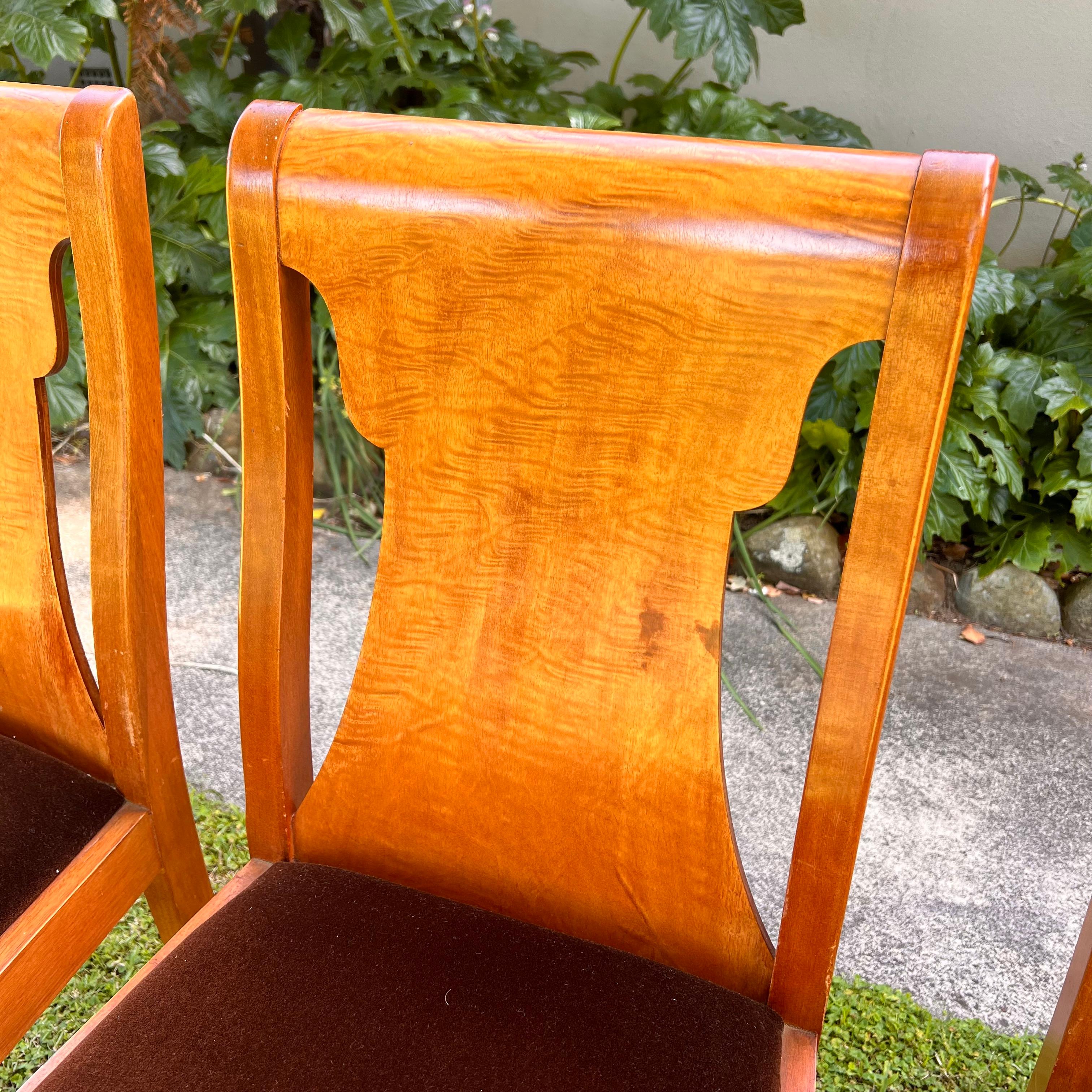Set of Six Art Deco Burl Veneer and Velvet Dining Chairs 5