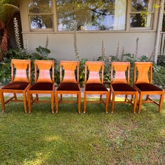 Set di sei sedie da pranzo in radica e velluto Art Deco