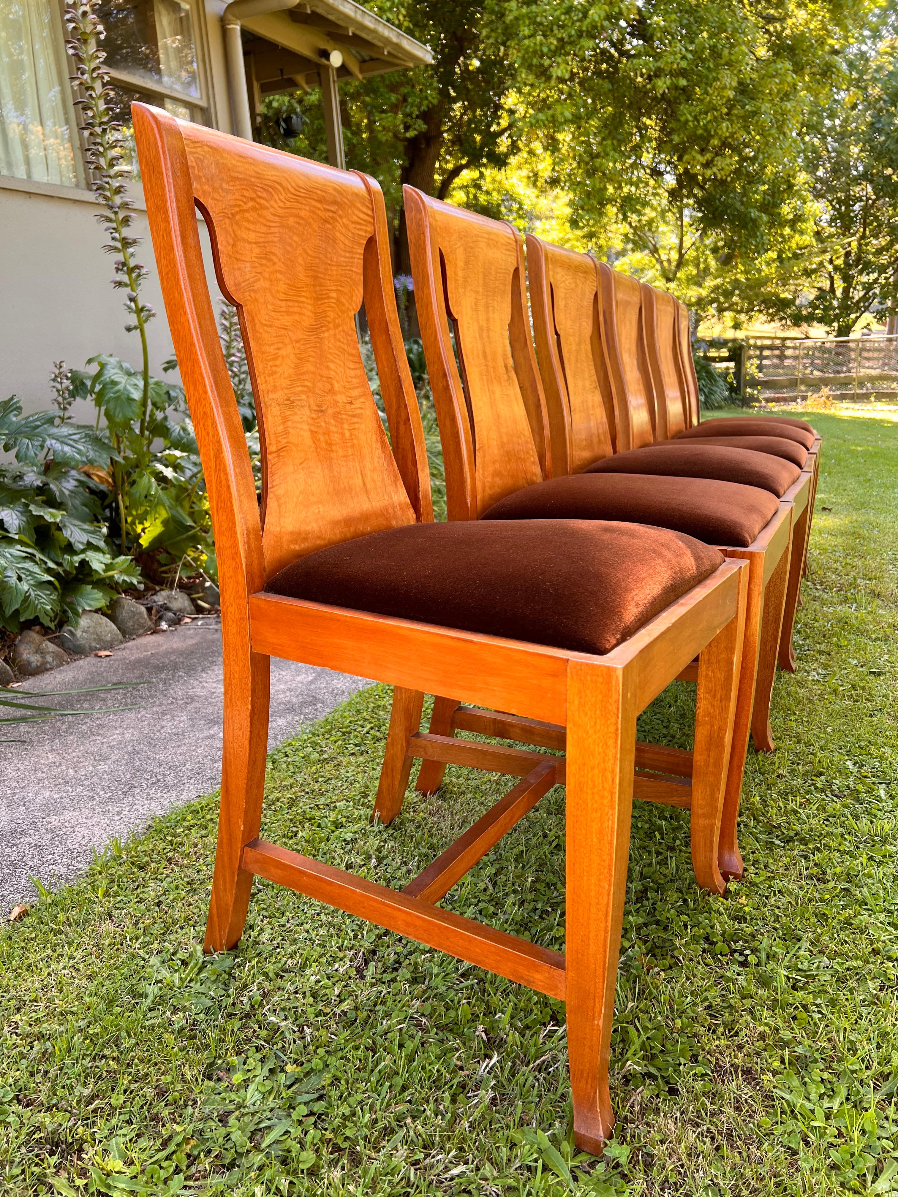 Australian Set of Six Art Deco Burl Veneer and Velvet Dining Chairs
