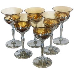 Set of Six Art Deco Cambridge Glasses in Amber with Chrome Stems