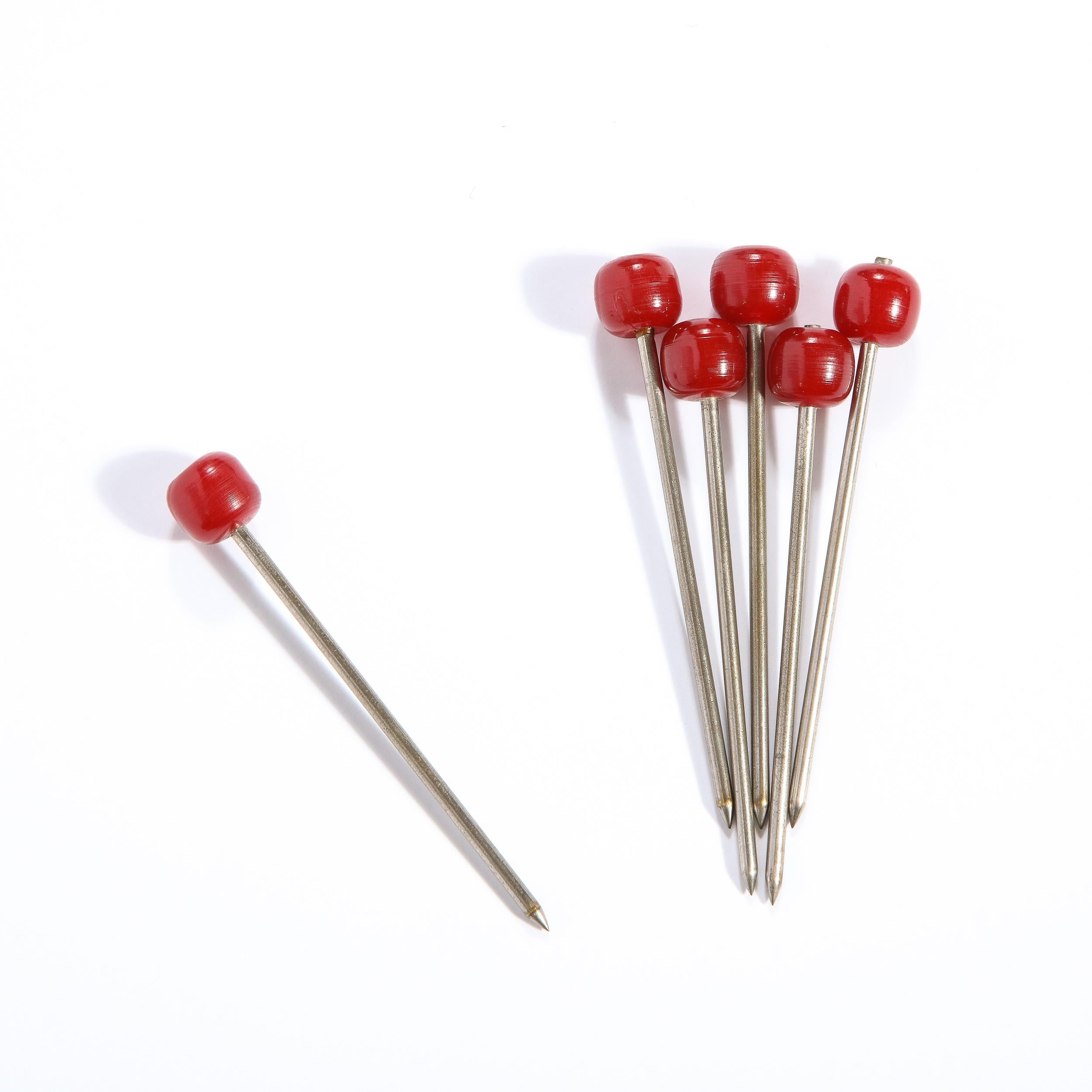 American Set of Six Art Deco Carnelian Bakelite and Stainless Steel Cocktail Picks