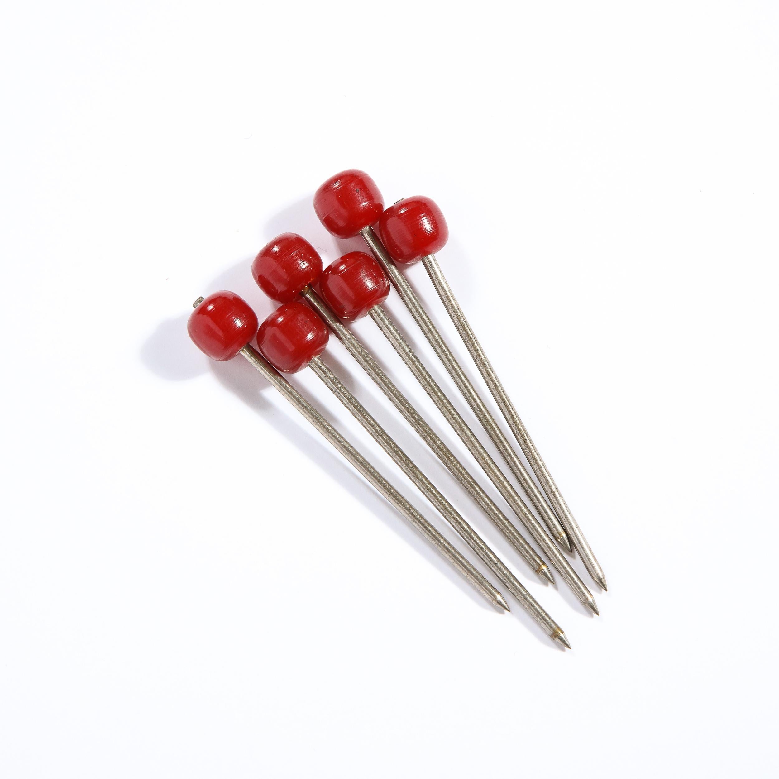 Set of Six Art Deco Carnelian Bakelite and Stainless Steel Cocktail Picks In Good Condition In New York, NY