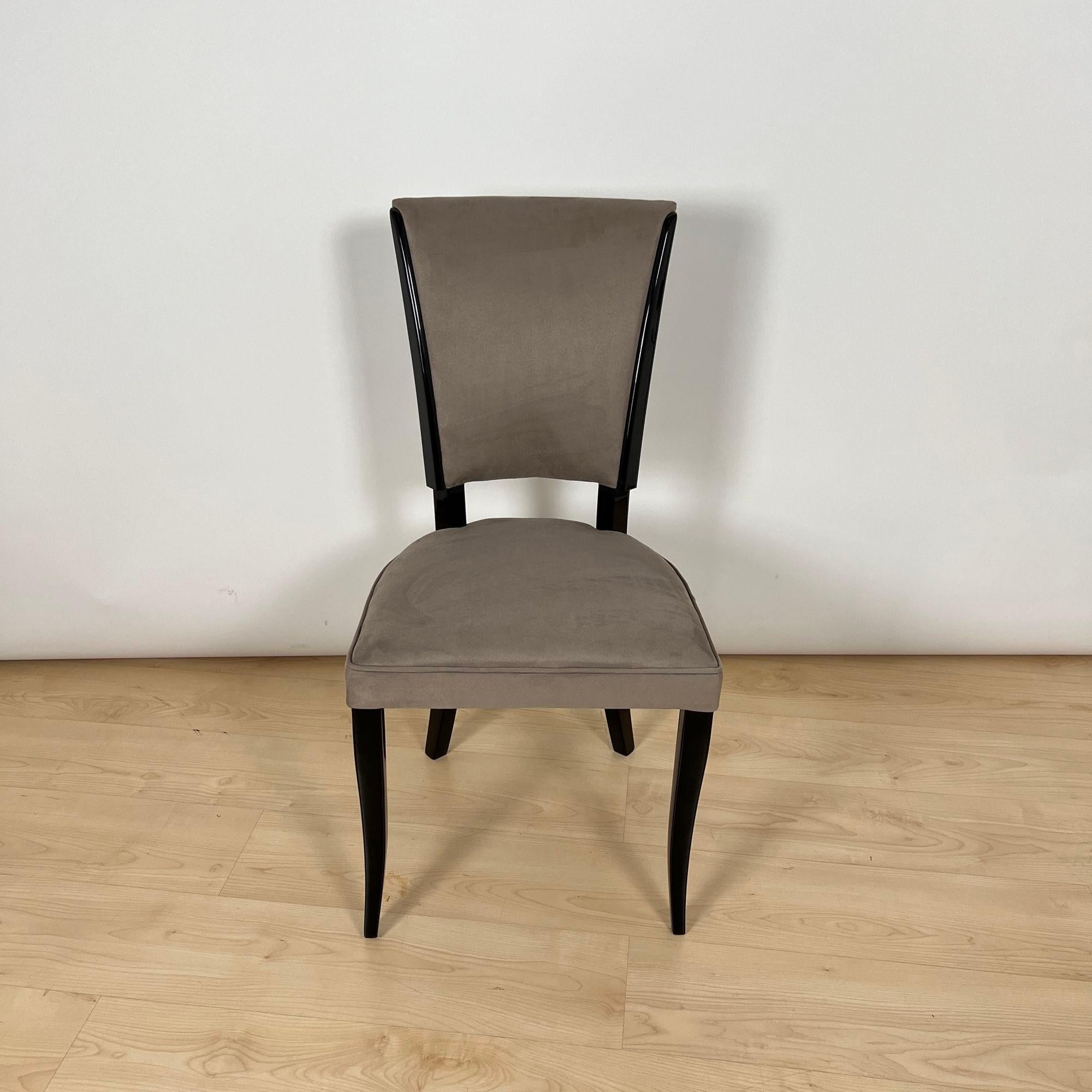 Satz von sechs Art Deco Stühlen, schwarzer Lack, graues Alcantara, Frankreich um 1930 im Angebot 8
