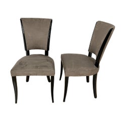 Set of Six Art Deco Chairs, Black Lacquer, Grey Alcantara, France circa 1930