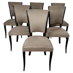 Set of Six Art Deco Chairs, Black Lacquer, Grey Alcantara, France circa 1930