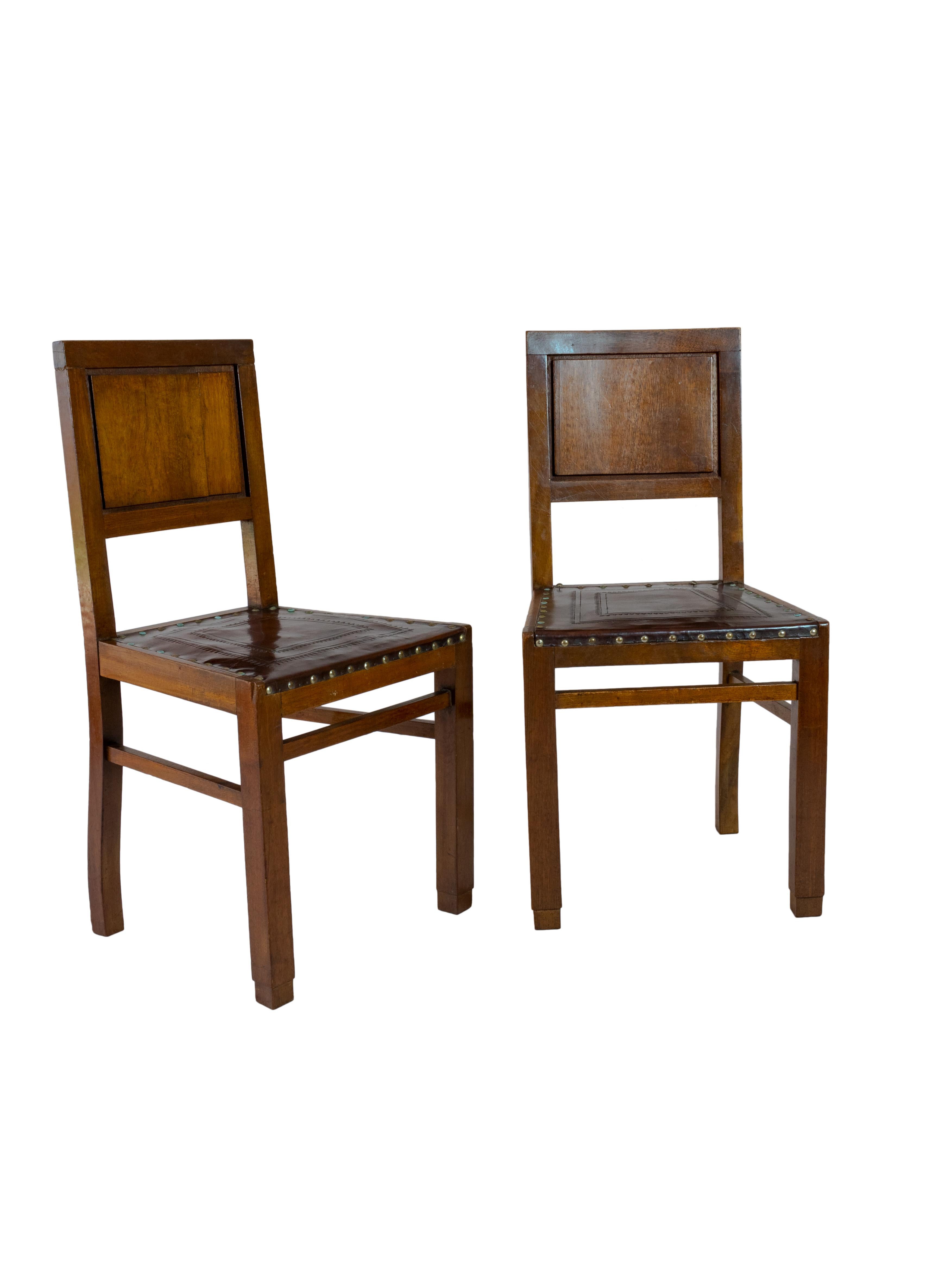 Portuguese Set of Six Art Deco Chocolate Brown Walnut Chairs, 20th Century For Sale