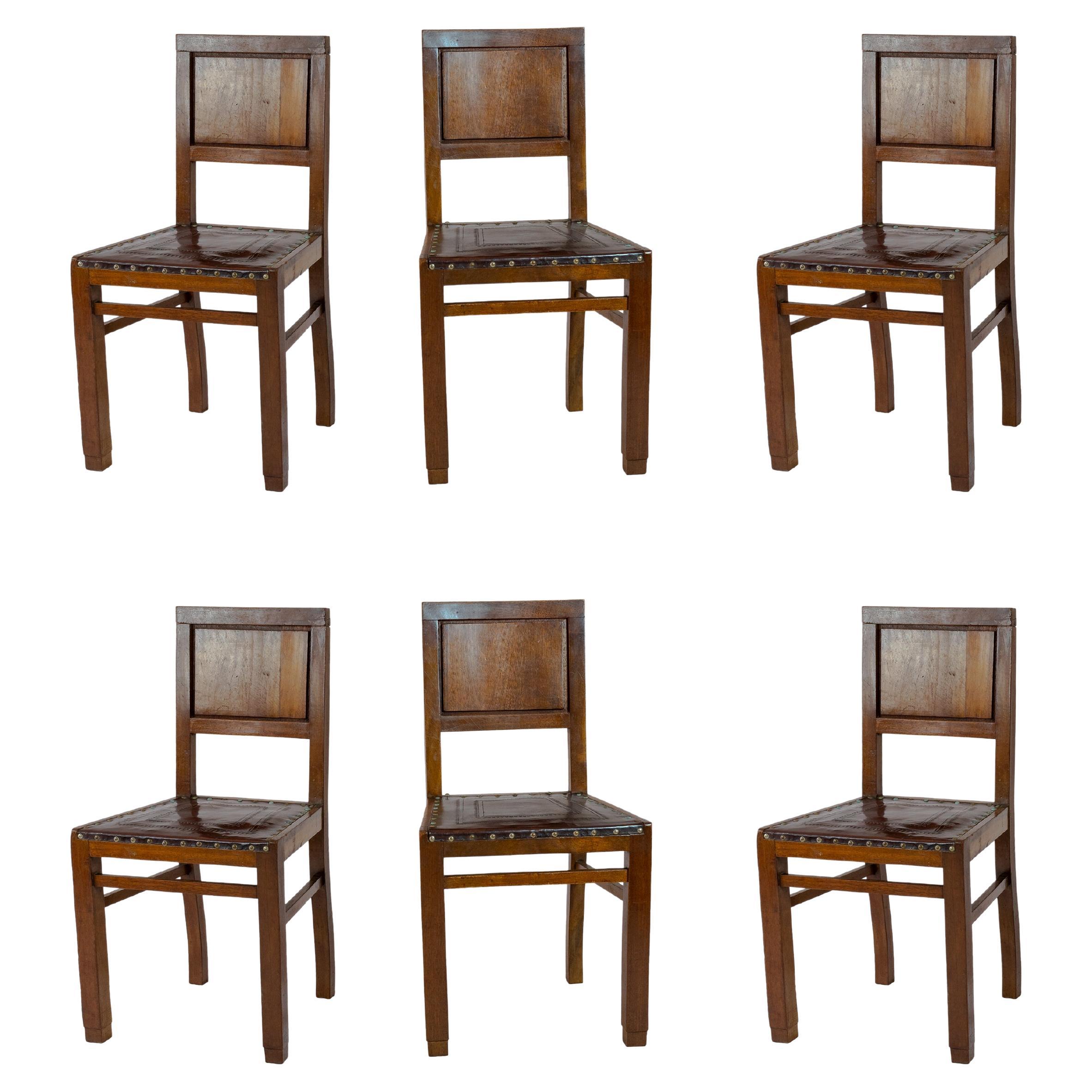 Set of Six Art Deco Chocolate Brown Walnut Chairs, 20th Century
