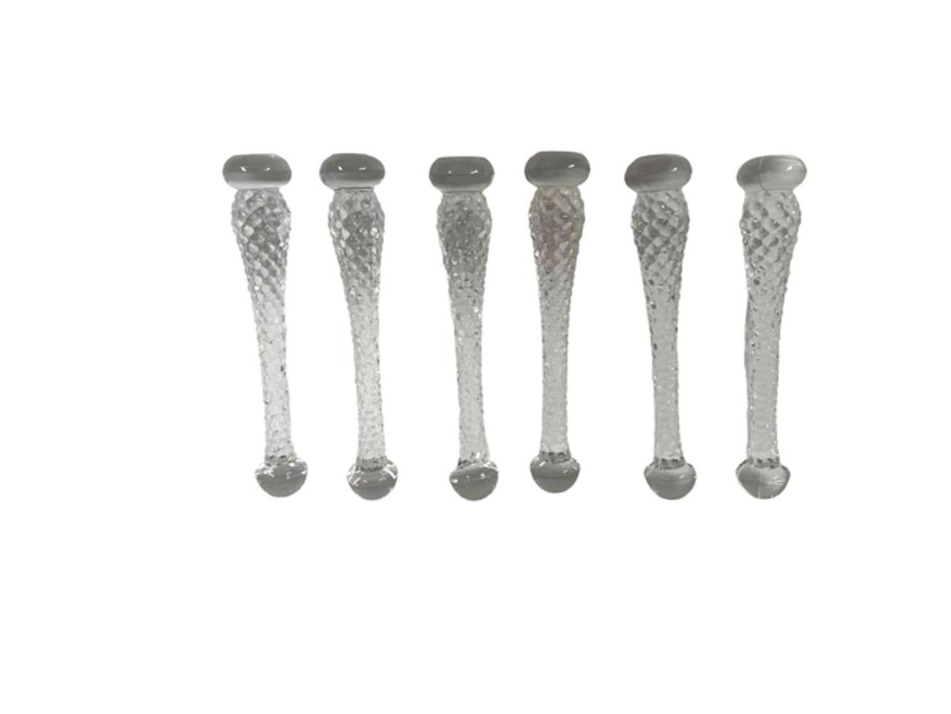 American Set of Six Art Deco Colorless Glass Hobnail Muddlers of Baluster Form For Sale