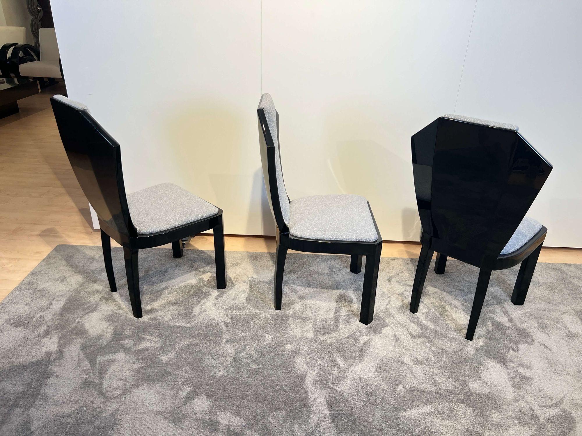 Set of Six Art Deco Dining Chairs, Black Lacquer, Grey Fabric, France circa 1930 For Sale 7