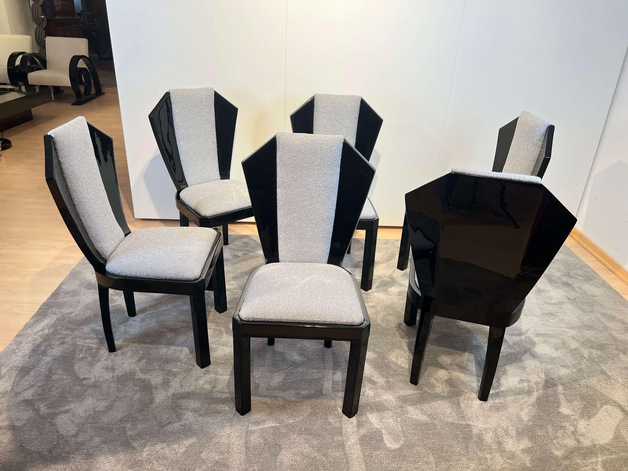 Set of Six Art Deco Dining Chairs, Black Lacquer, Grey Fabric, France circa 1930 In Good Condition For Sale In Regensburg, DE