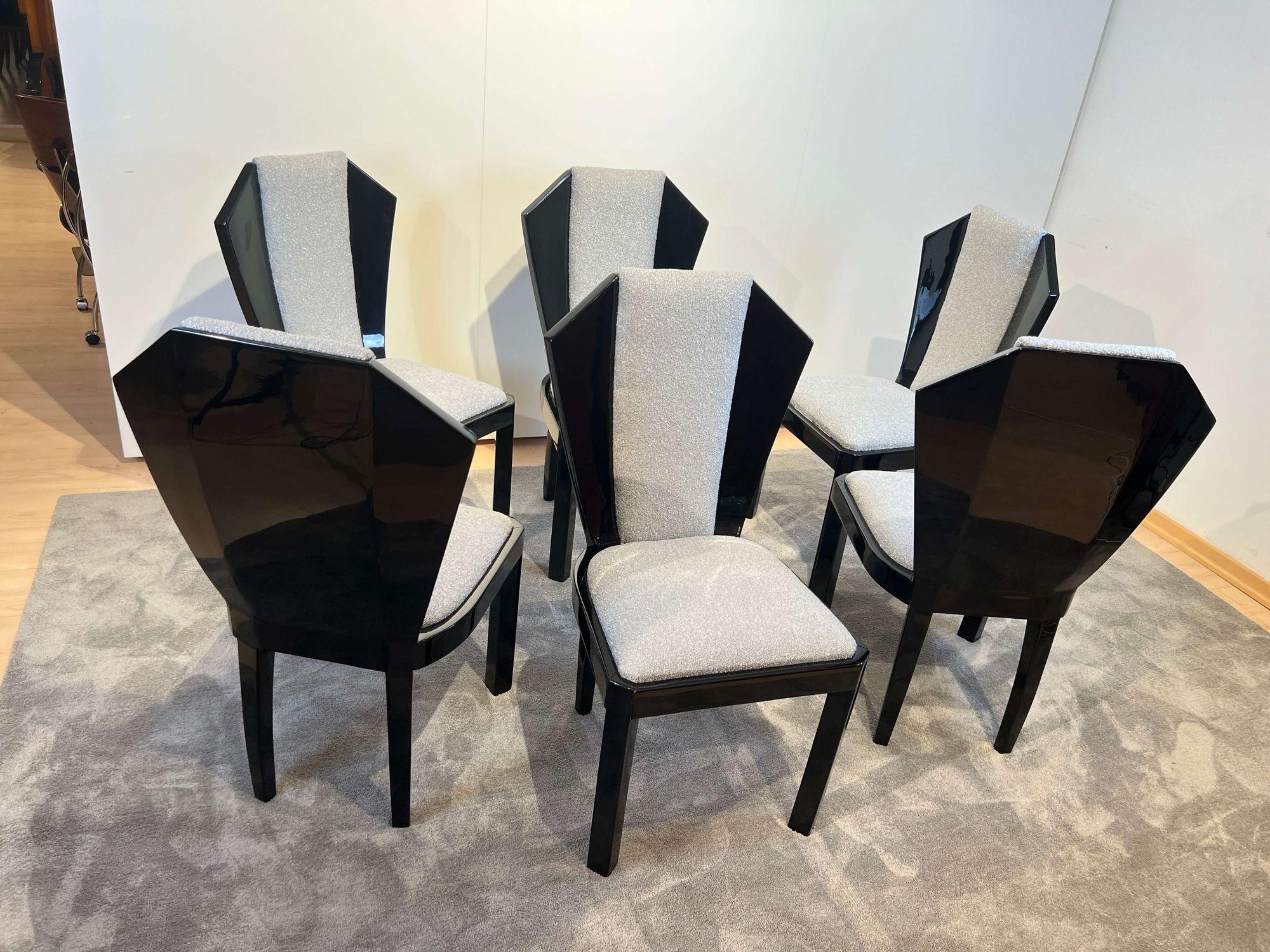 Mid-20th Century Set of Six Art Deco Dining Chairs, Black Lacquer, Grey Fabric, France circa 1930 For Sale