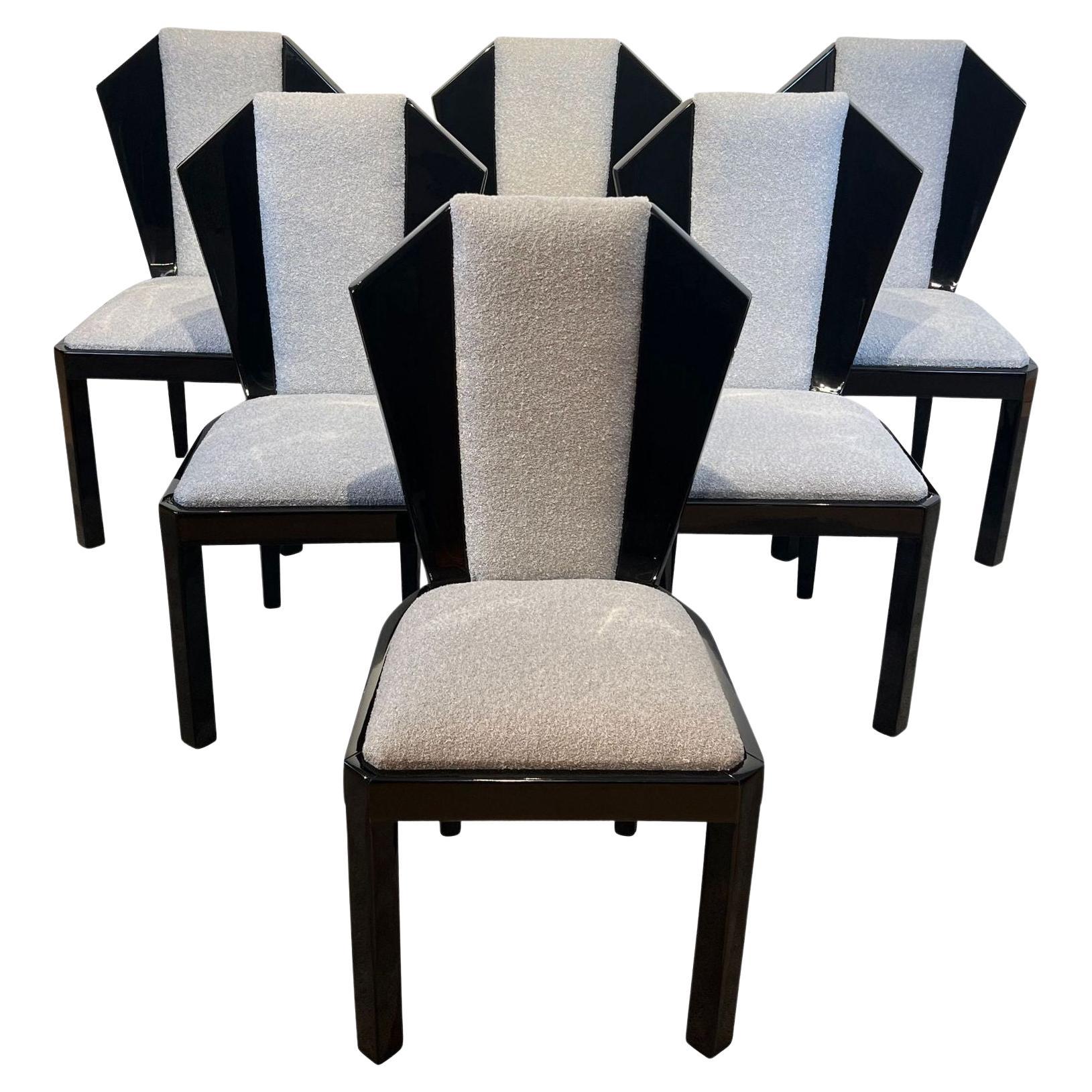 Set of Six Art Deco Dining Chairs, Black Lacquer, Grey Fabric, France circa 1930