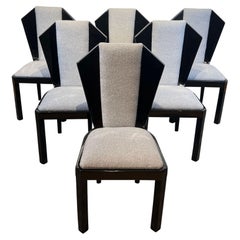 Set of Six Art Deco Dining Chairs, Black Lacquer, Grey Fabric, France circa 1930