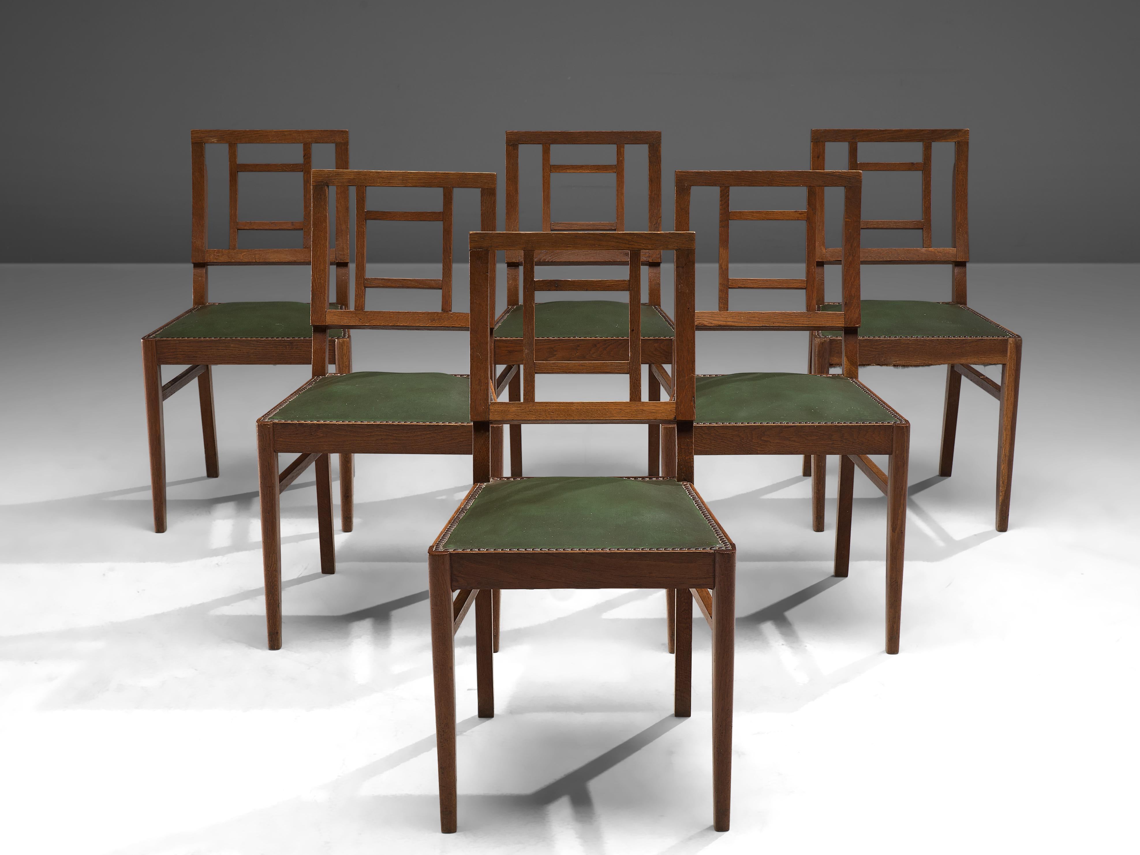 Mid-20th Century French Art Deco Set of Six Dining Chairs in Darkened Oak For Sale