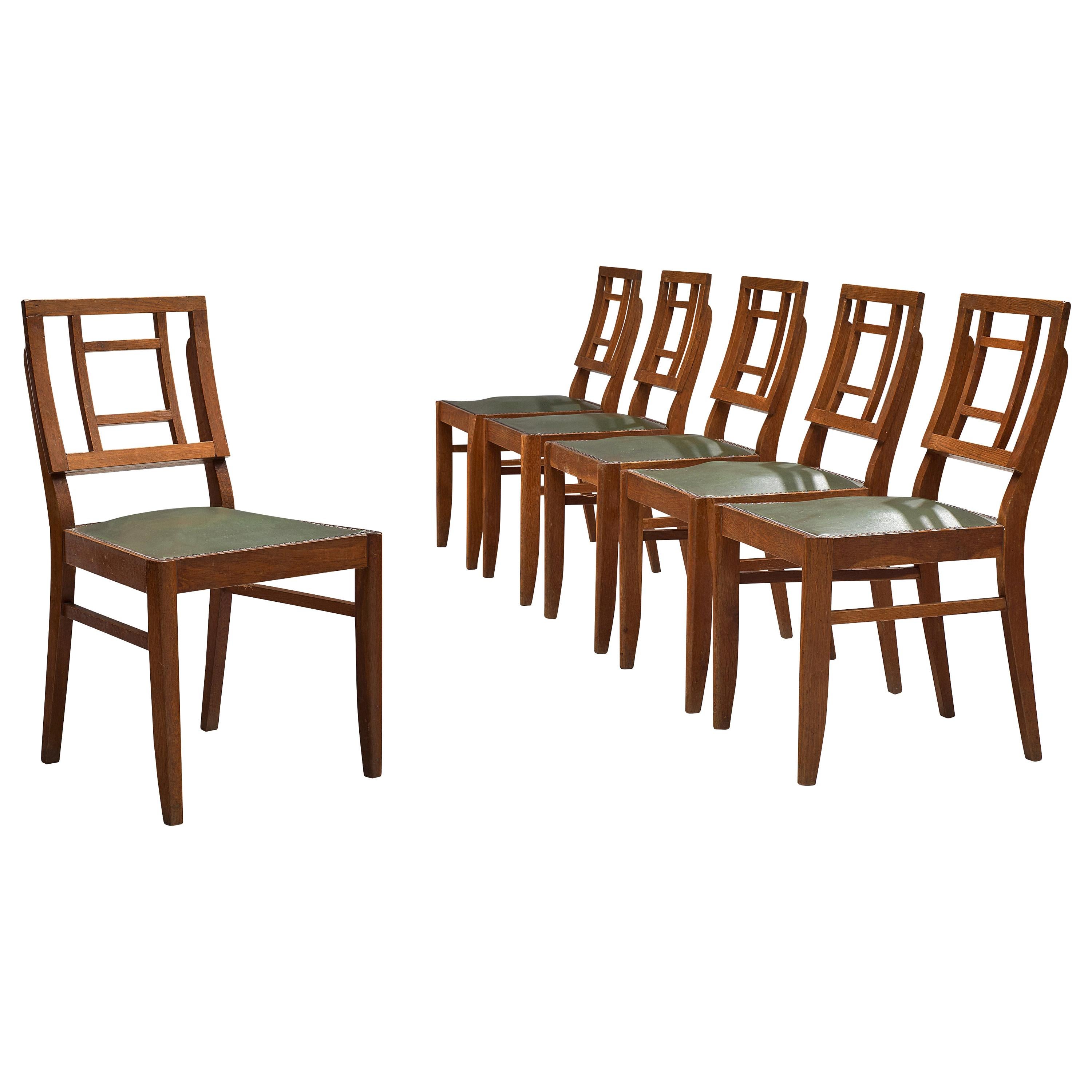 French Art Deco Set of Six Dining Chairs in Darkened Oak