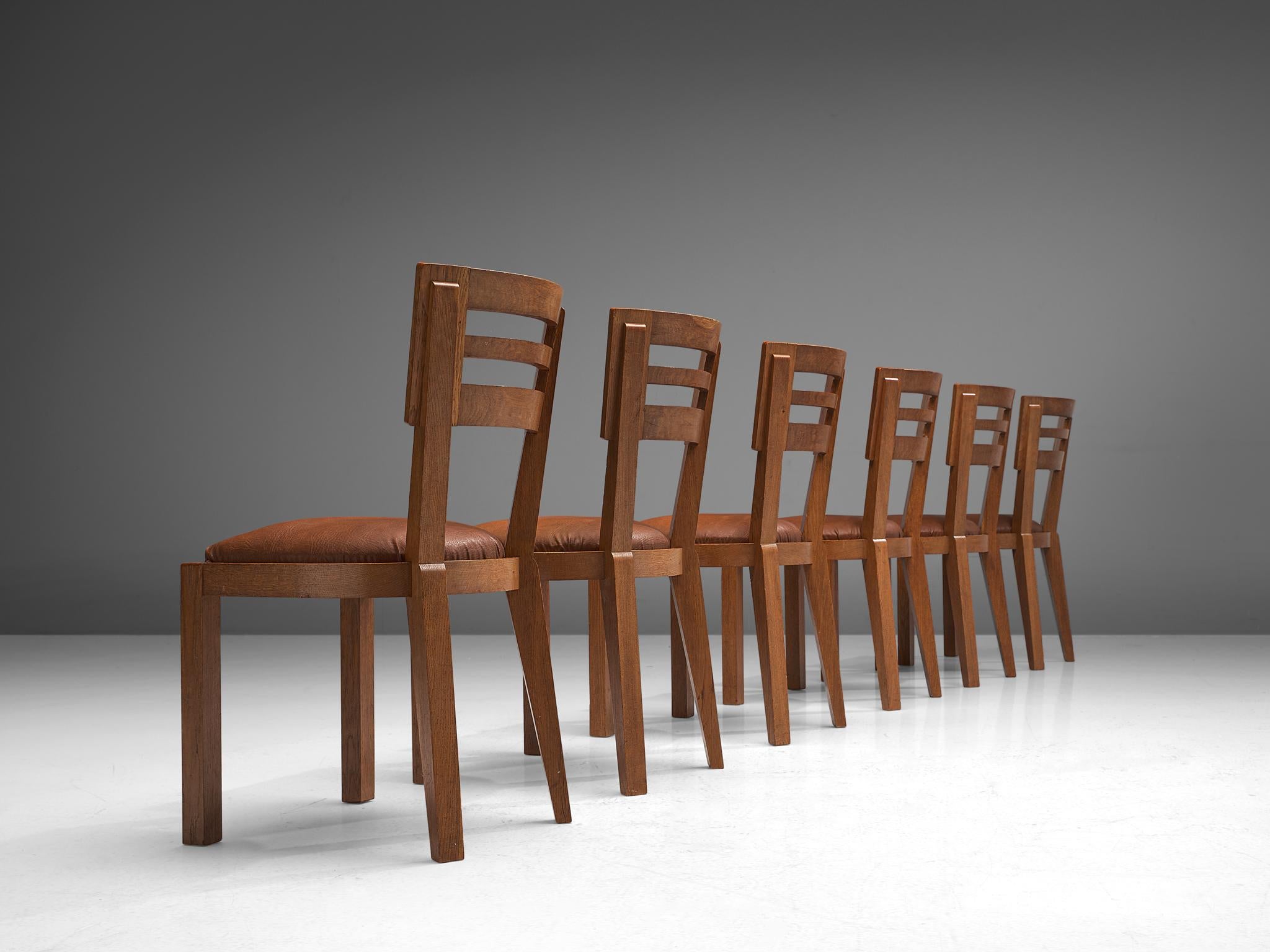 Mid-Century Modern Set of Six Art Deco Dining Chairs in Solid Oak, France, 1940s