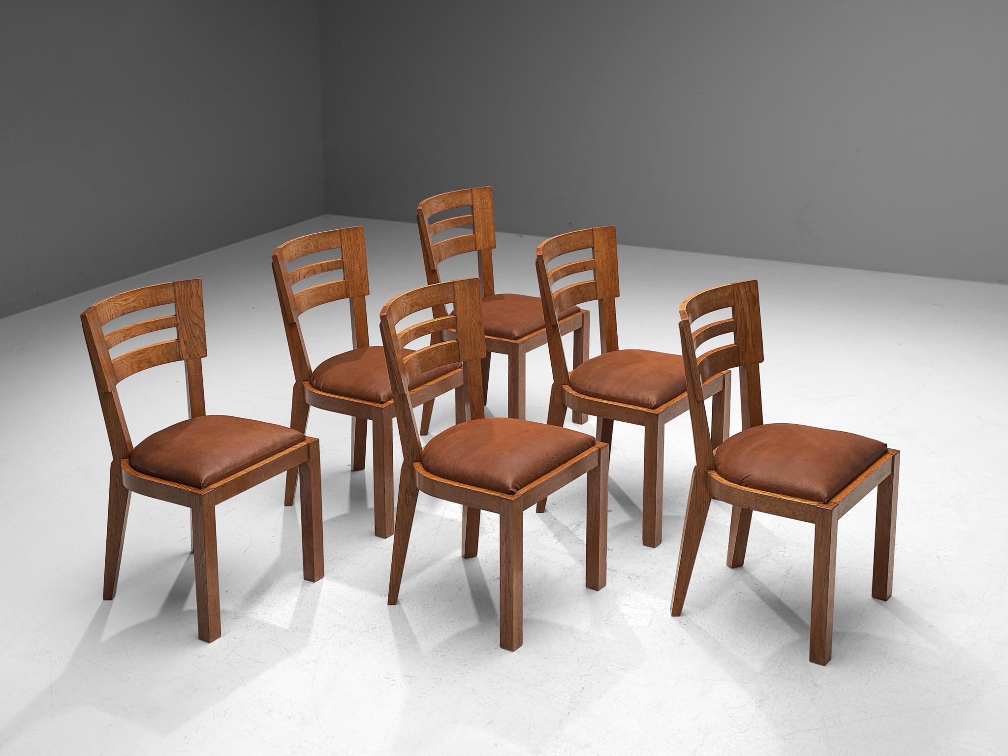 French Set of Six Art Deco Dining Chairs in Solid Oak, France, 1940s