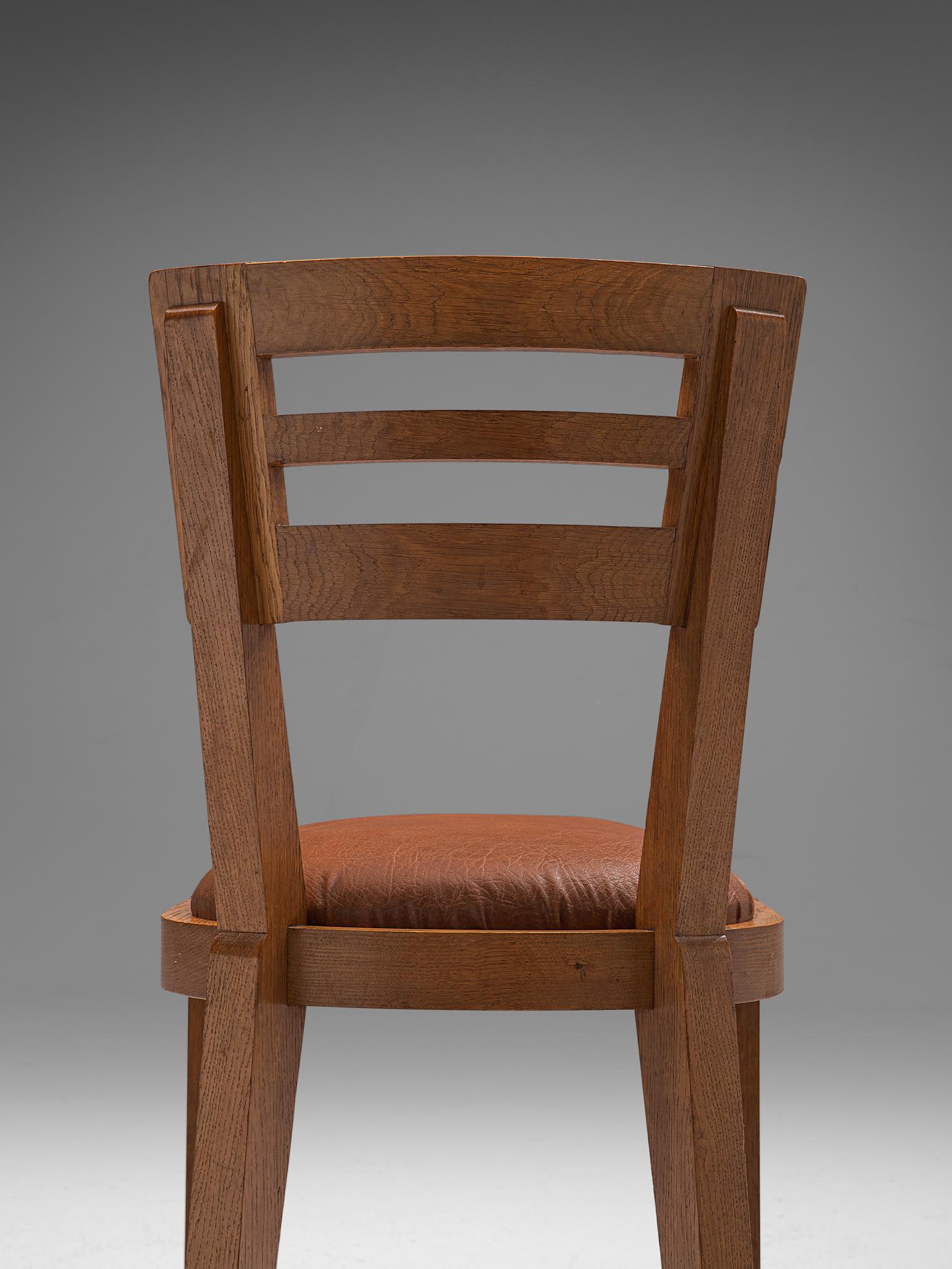 Leather Set of Six Art Deco Dining Chairs in Solid Oak, France, 1940s