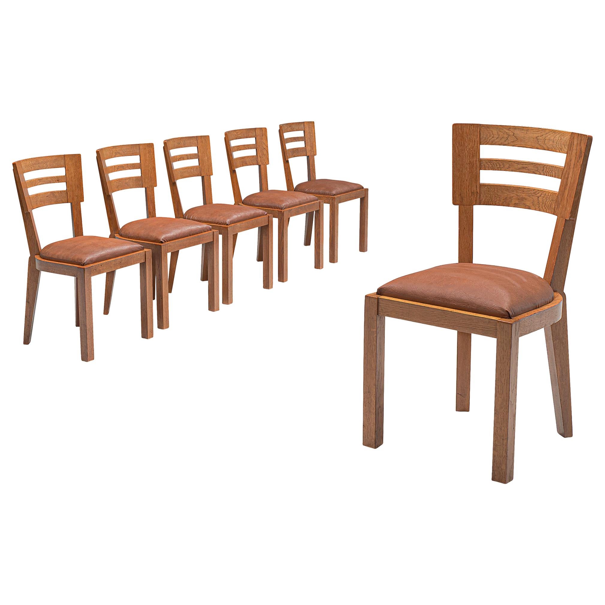 Set of Six Art Deco Dining Chairs in Solid Oak, France, 1940s