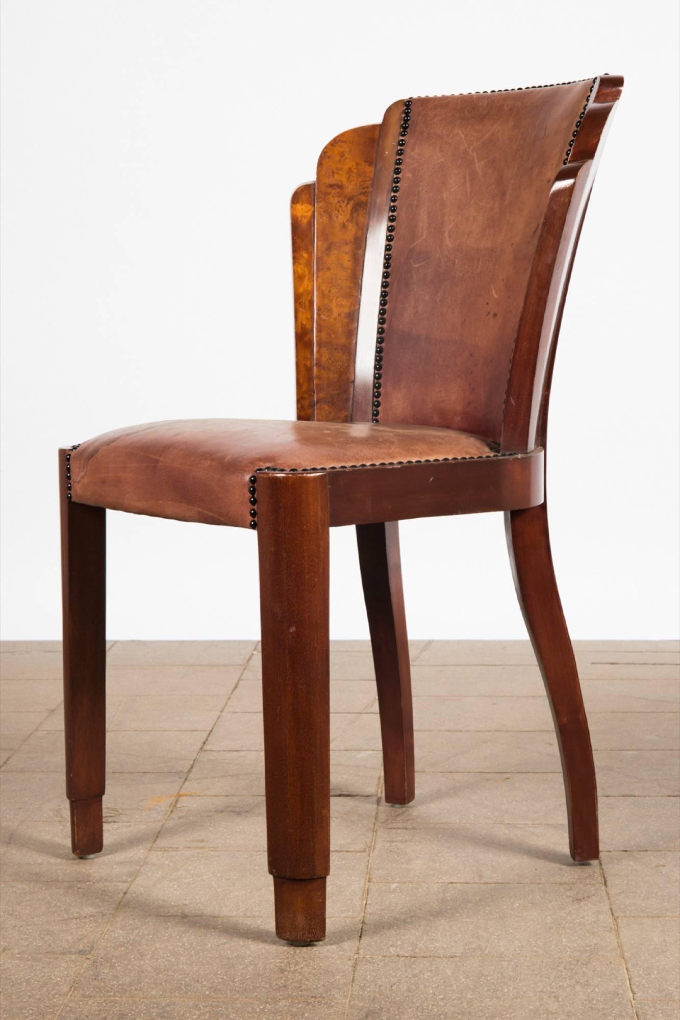 European Set of Six Art Deco Dining Chairs in Walnut Burl and Cognac Leather