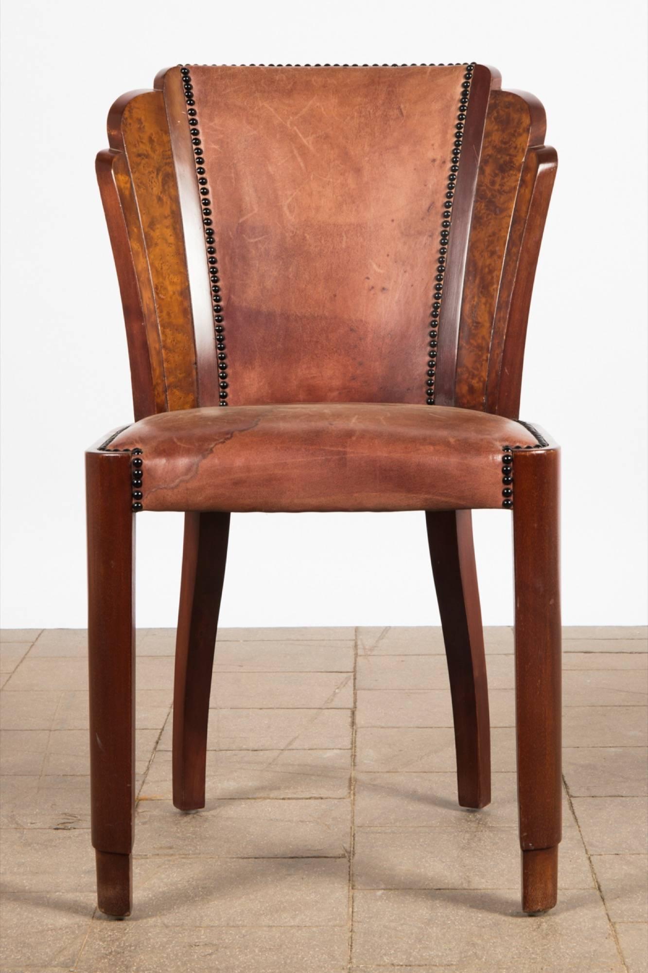 Set of Six Art Deco Dining Chairs in Walnut Burl and Cognac Leather In Good Condition In Belmont, MA