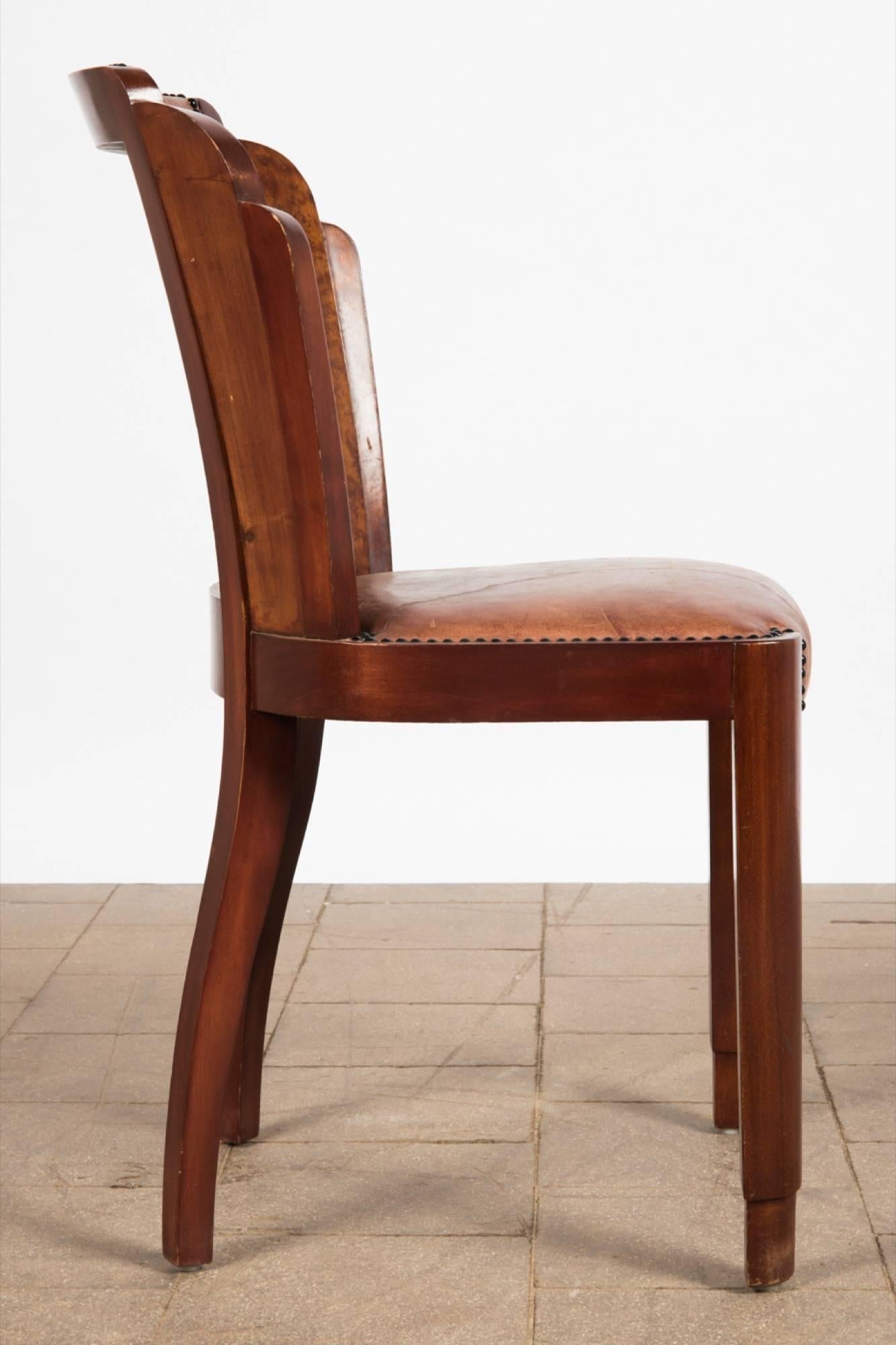 20th Century Set of Six Art Deco Dining Chairs in Walnut Burl and Cognac Leather