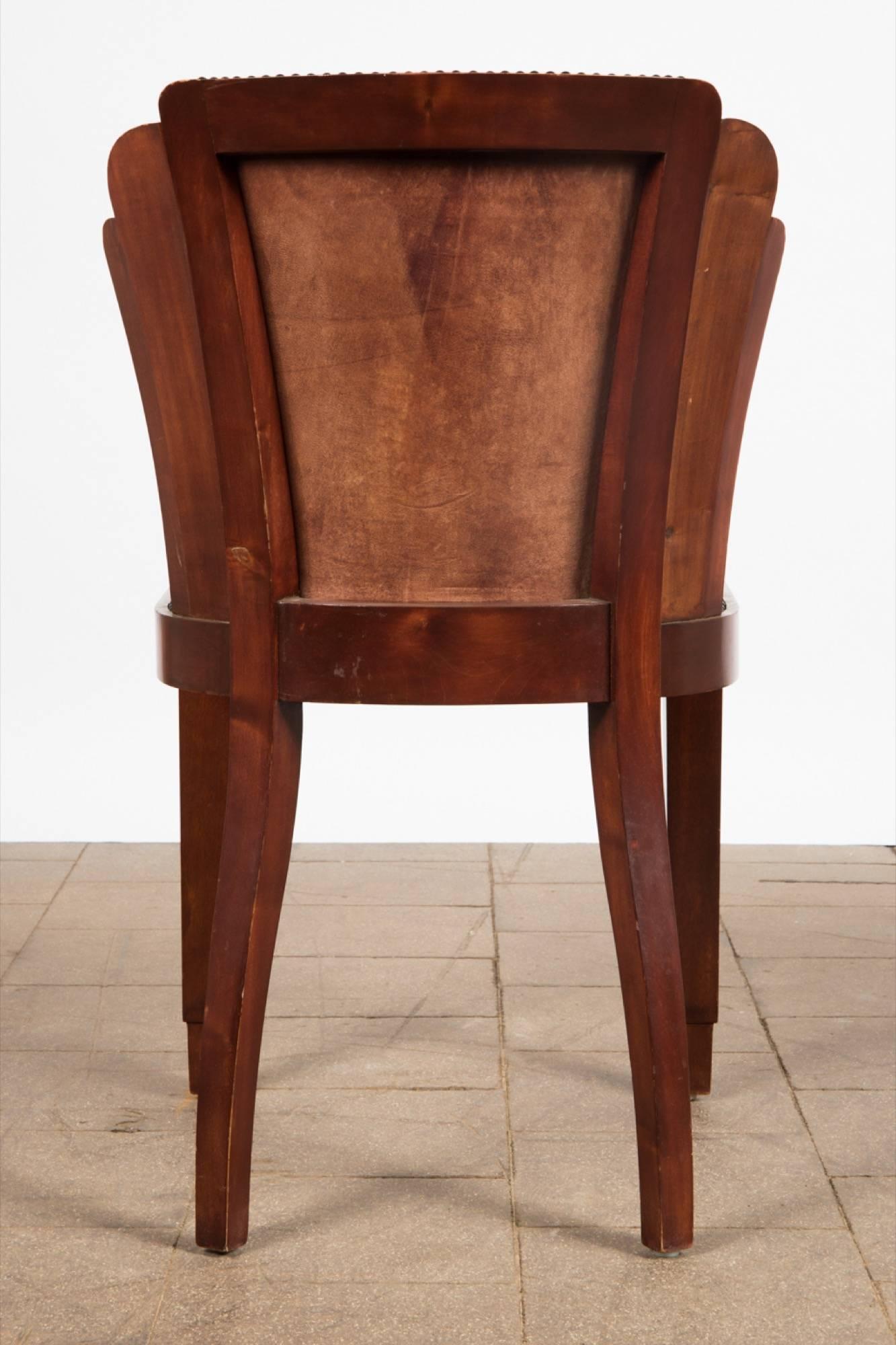 Set of Six Art Deco Dining Chairs in Walnut Burl and Cognac Leather 1