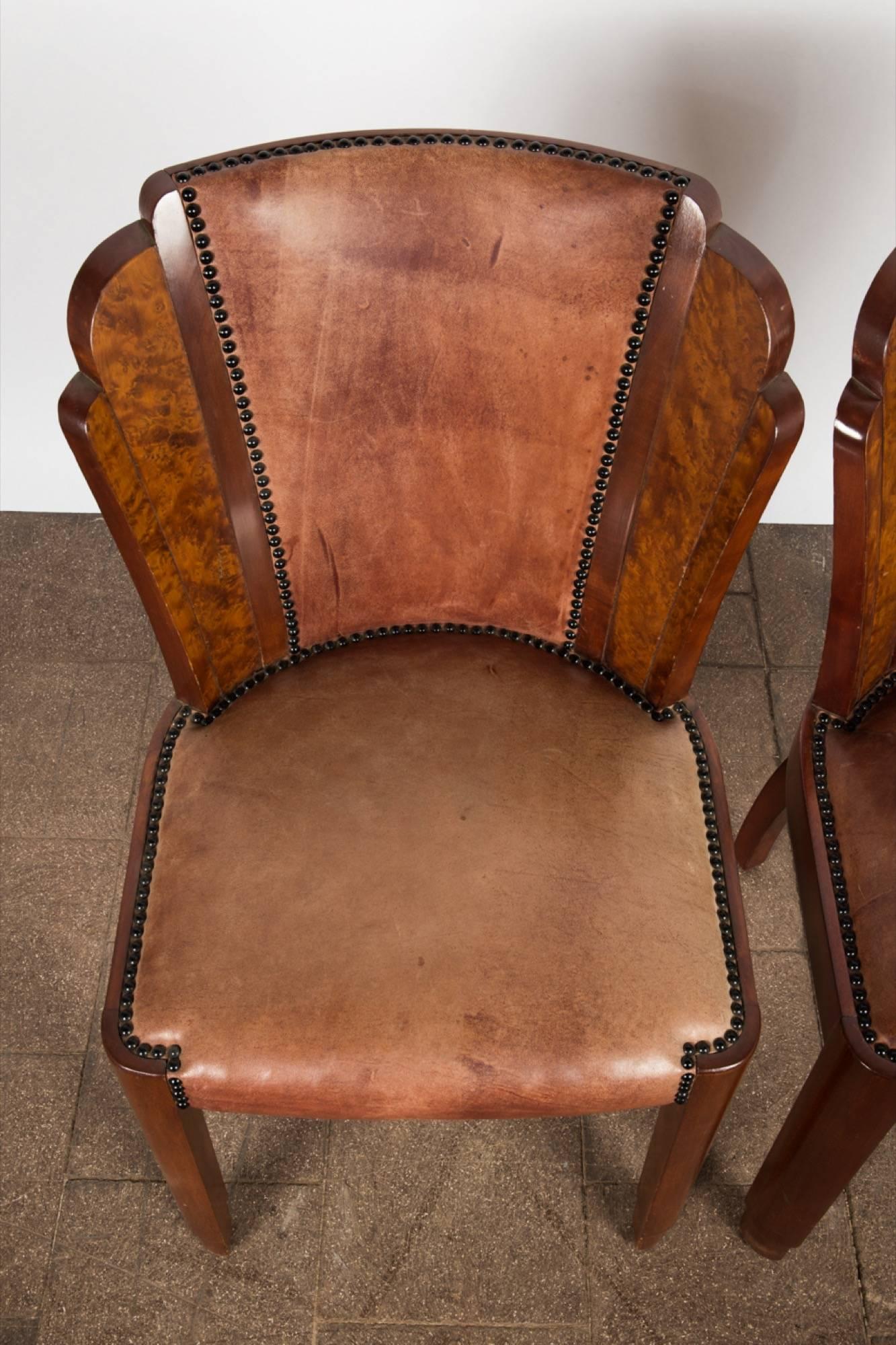 Set of Six Art Deco Dining Chairs in Walnut Burl and Cognac Leather 3