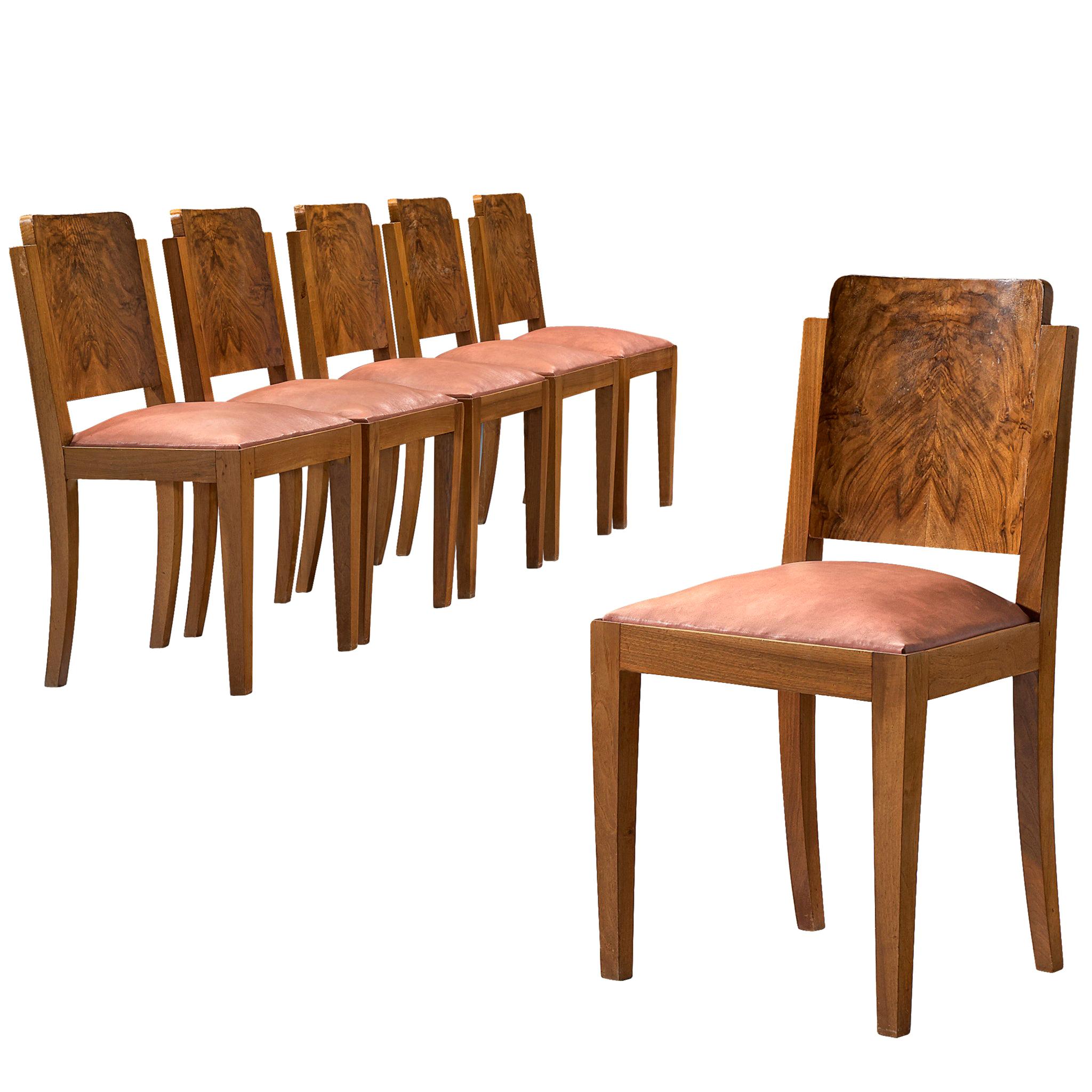 Set of Six Art Deco Dining Chairs in Walnut