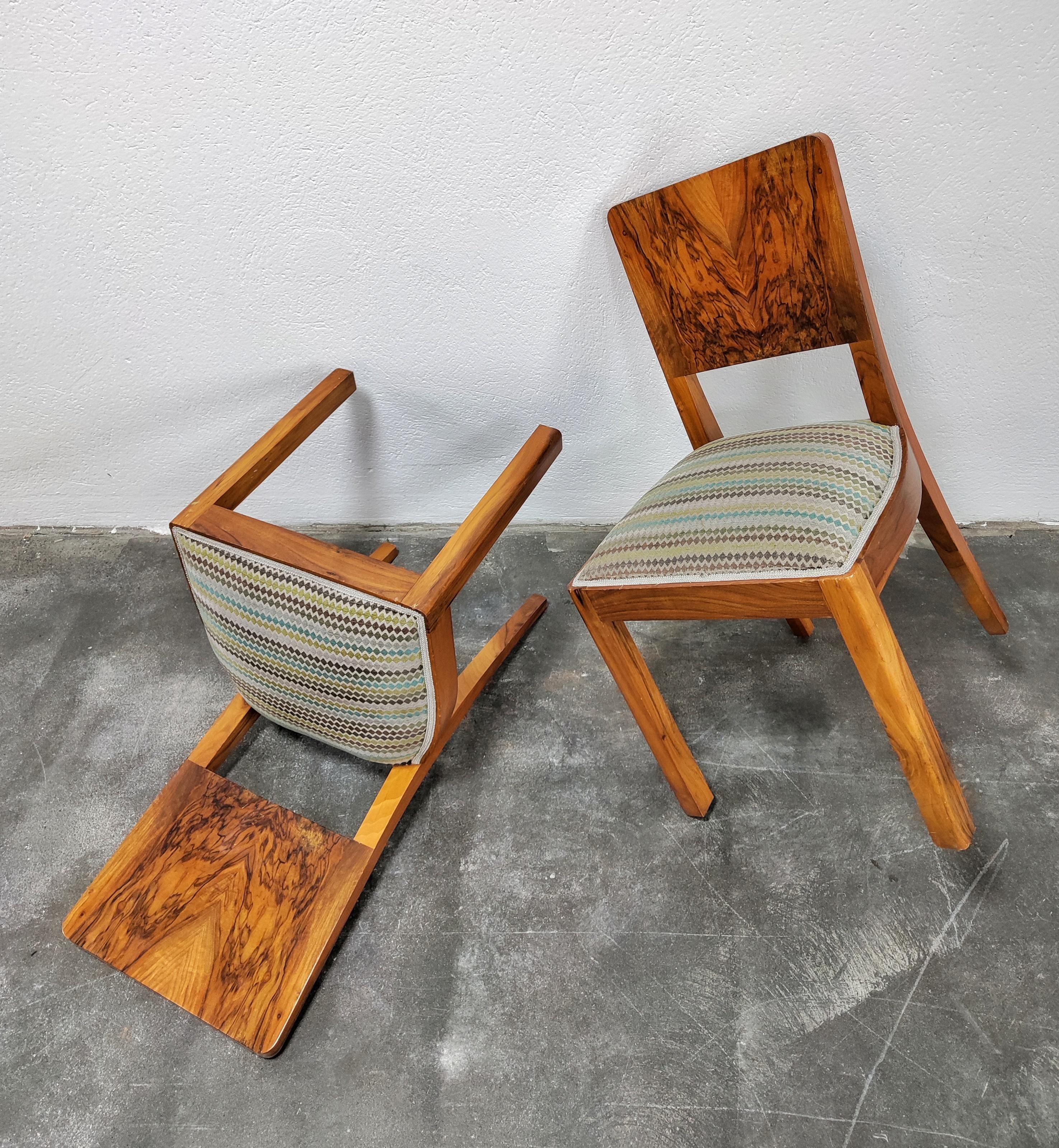 Fabric Set of Six Art Deco Dining Chairs in Walnut Roots Veneer, Austria 1940s For Sale