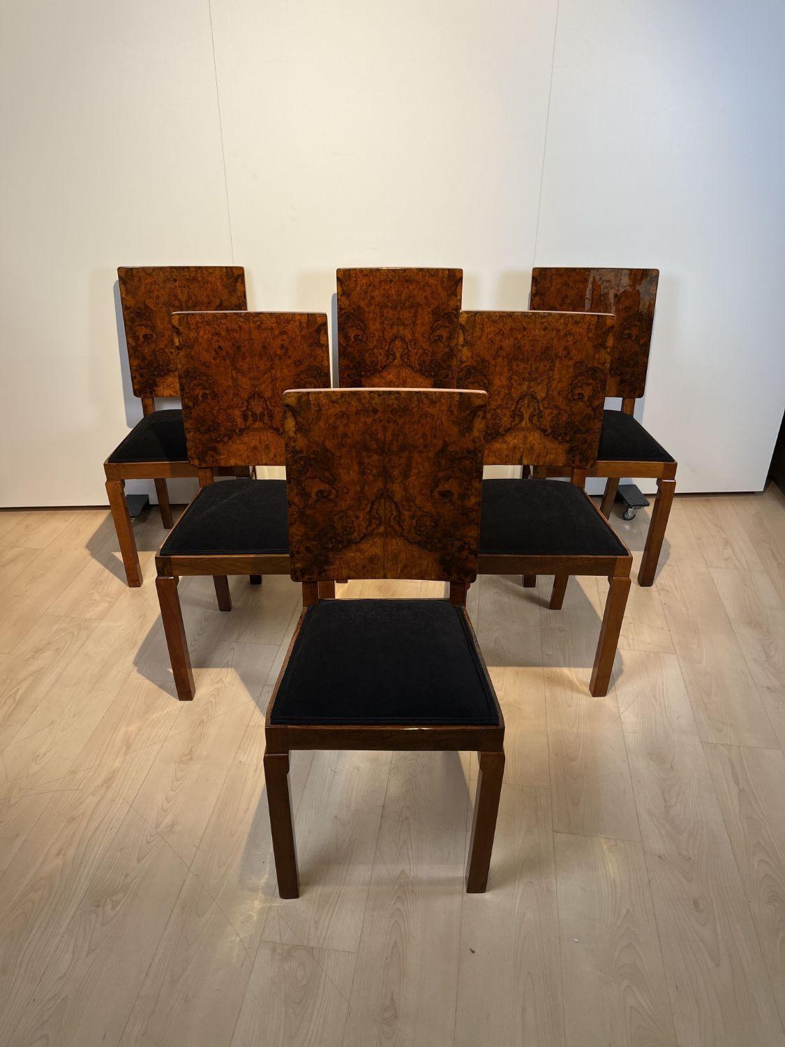 Set of Six Art Deco Dining Chairs, Walnut Roots Veneer, France, circa 1930 5