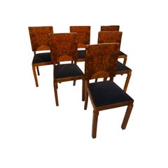 Ensemble de six chaises de salle à manger Art Déco, placage en racines de noyer, France, vers 1930