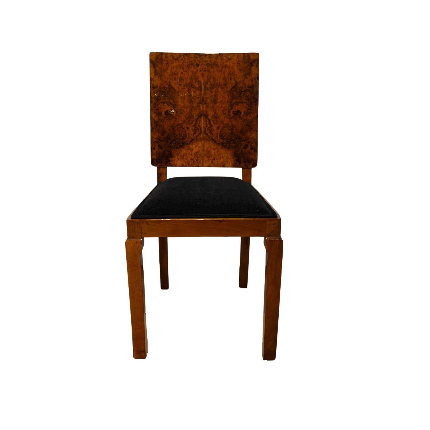 French Set of Six Art Deco Dining Chairs, Walnut Roots Veneer, France, circa 1930