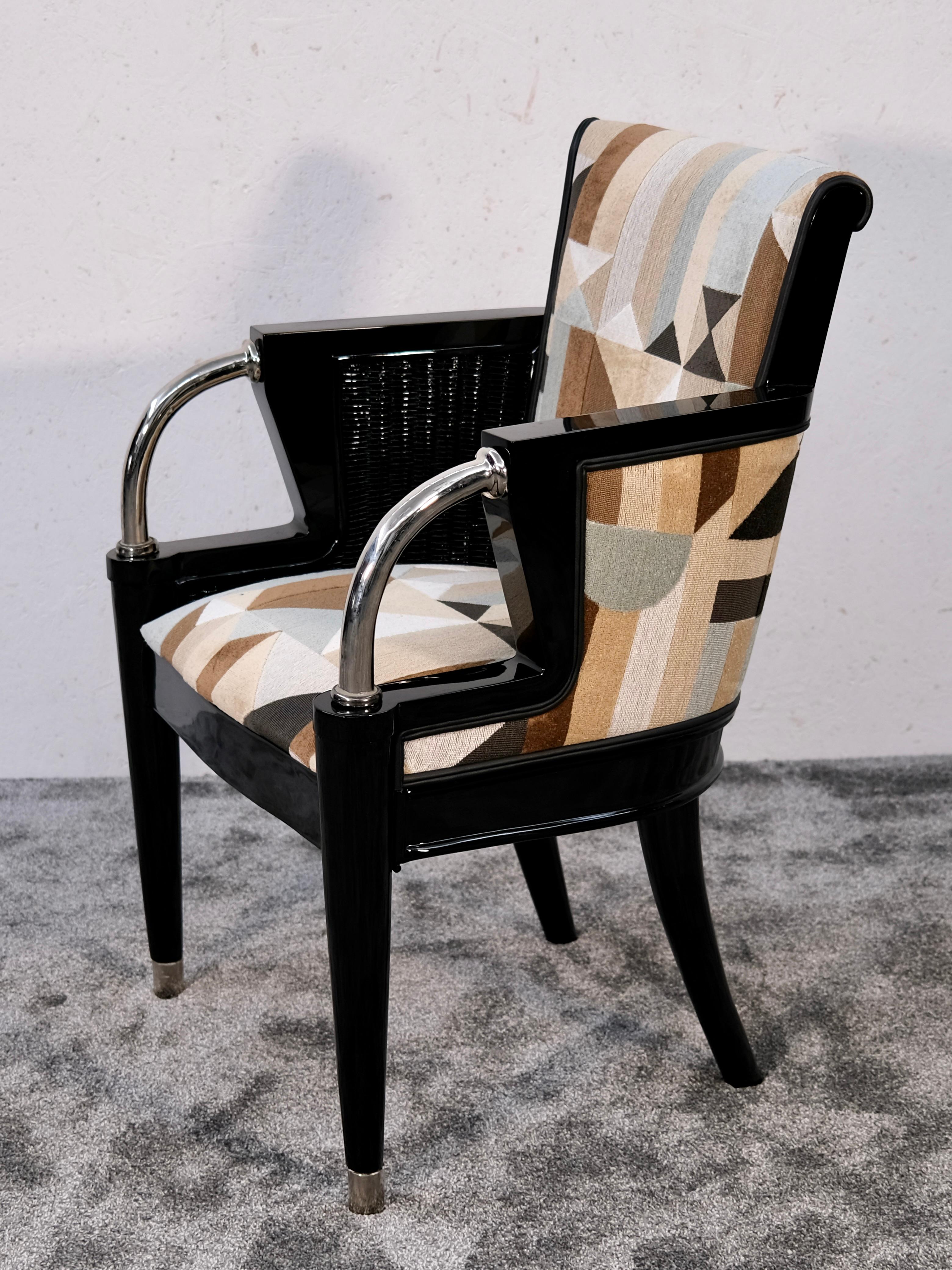 Set of Six Art Deco Dining Room Chairs in Black Lacquer and Geometric Upholstery For Sale 6
