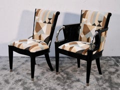 Set of Six Art Deco Dining Room Chairs in Black Lacquer and Geometric Upholstery