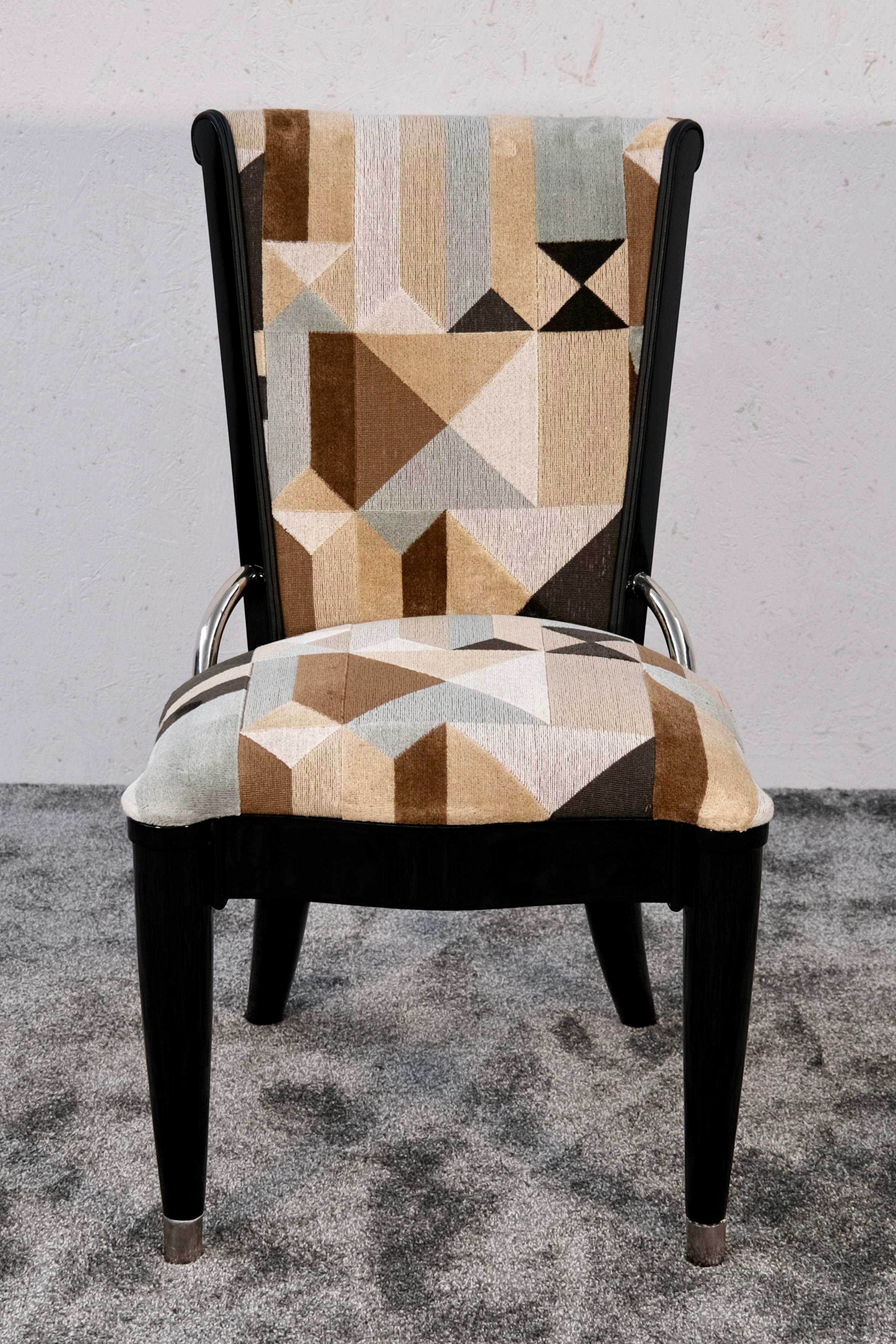 French Set of Six Art Deco Dining Room Chairs in Black Lacquer and Geometric Upholstery For Sale