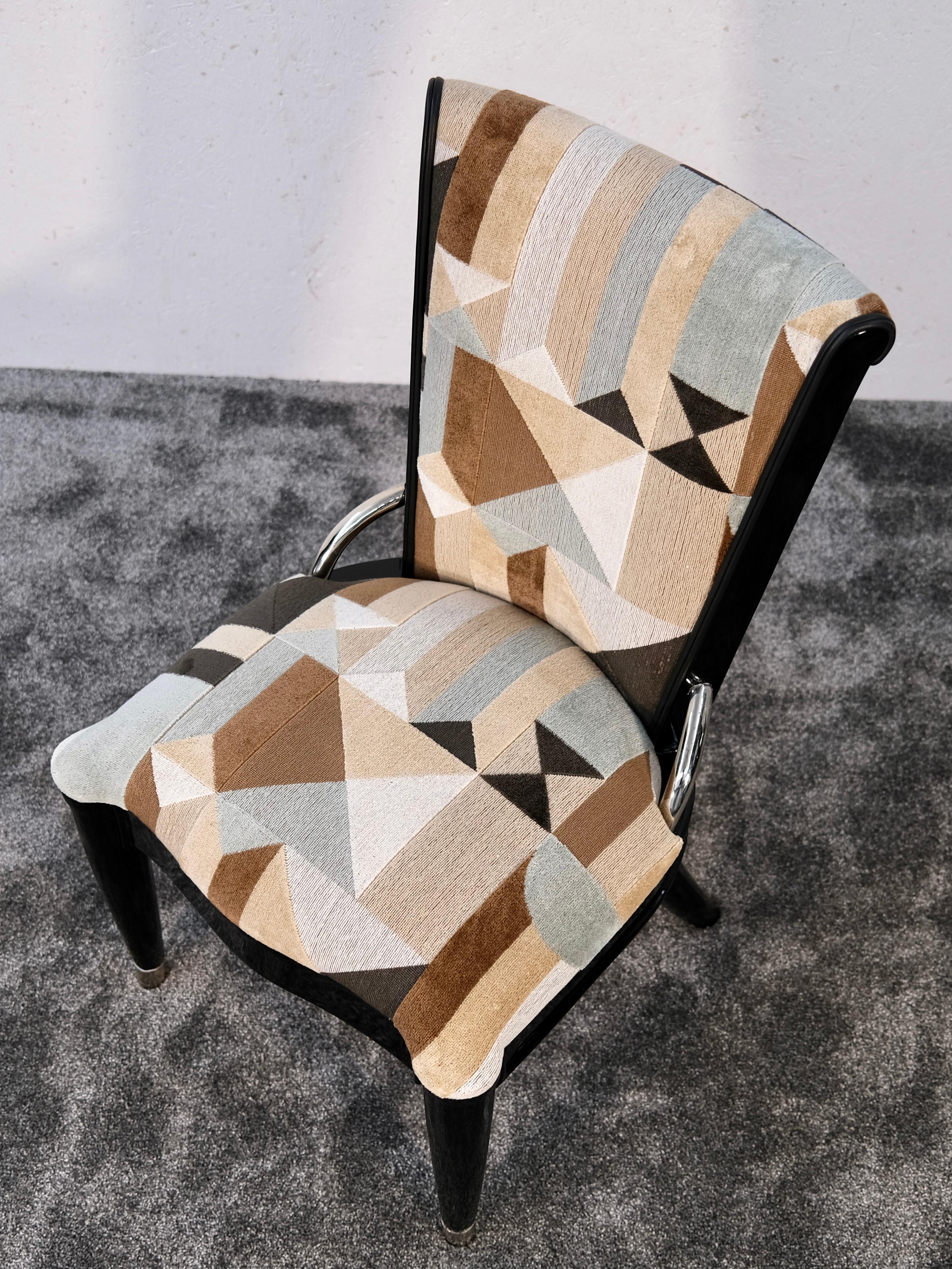 Set of Six Art Deco Dining Room Chairs in Black Lacquer and Geometric Upholstery In Good Condition For Sale In Ulm, DE