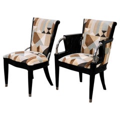 Set of Six Art Deco Dining Room Chairs in Black Lacquer and Geometric Upholstery
