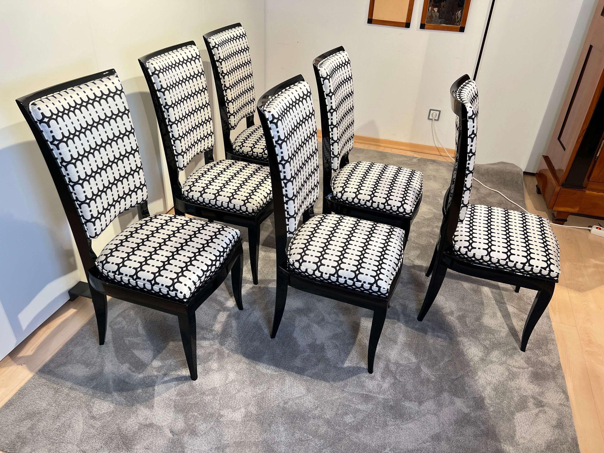 Blackened Set of Six Art Deco High Back Dining Chairs, Black Lacquer, France, circa 1930 For Sale