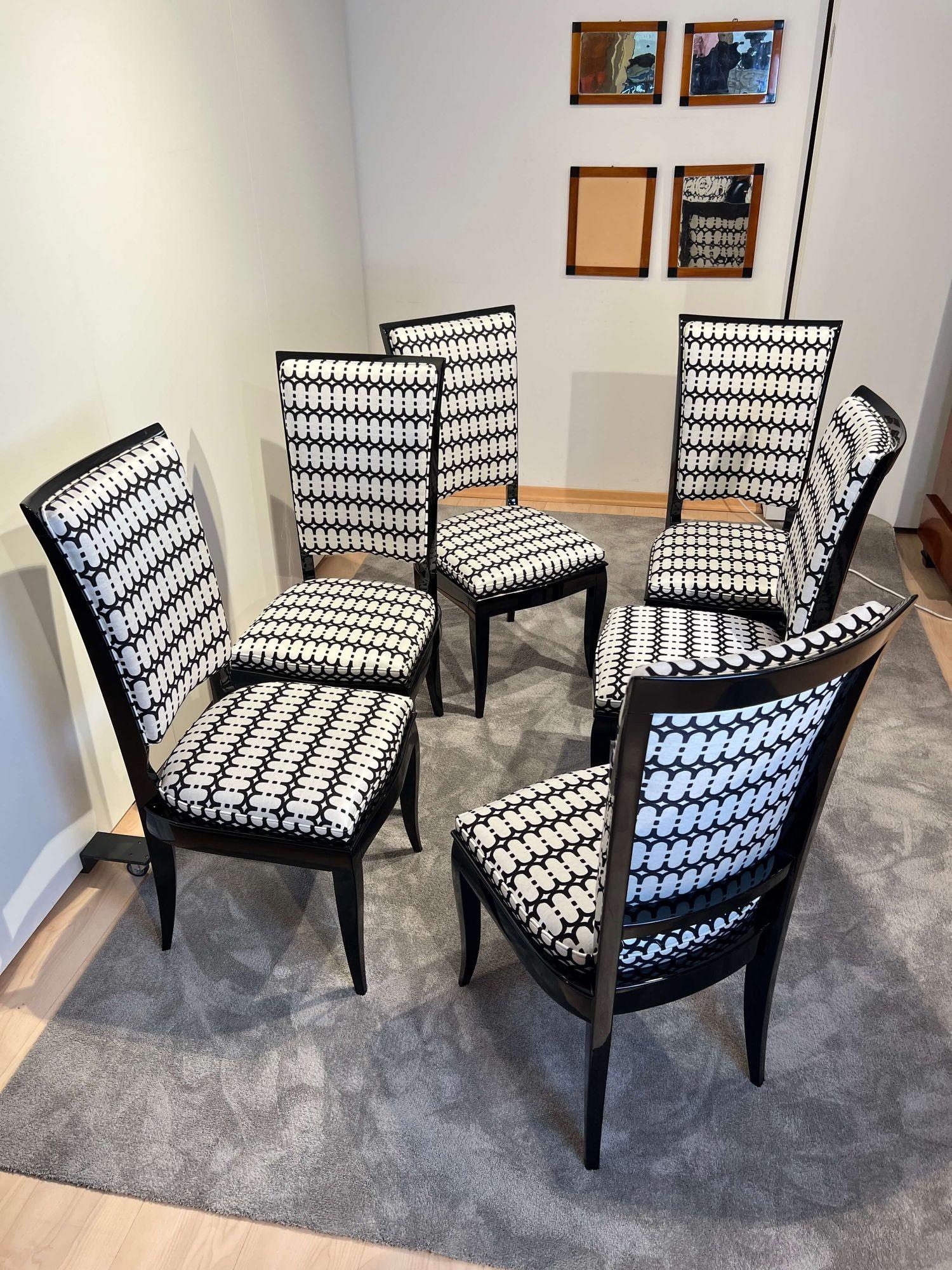 Mid-20th Century Set of Six Art Deco High Back Dining Chairs, Black Lacquer, France, circa 1930 For Sale