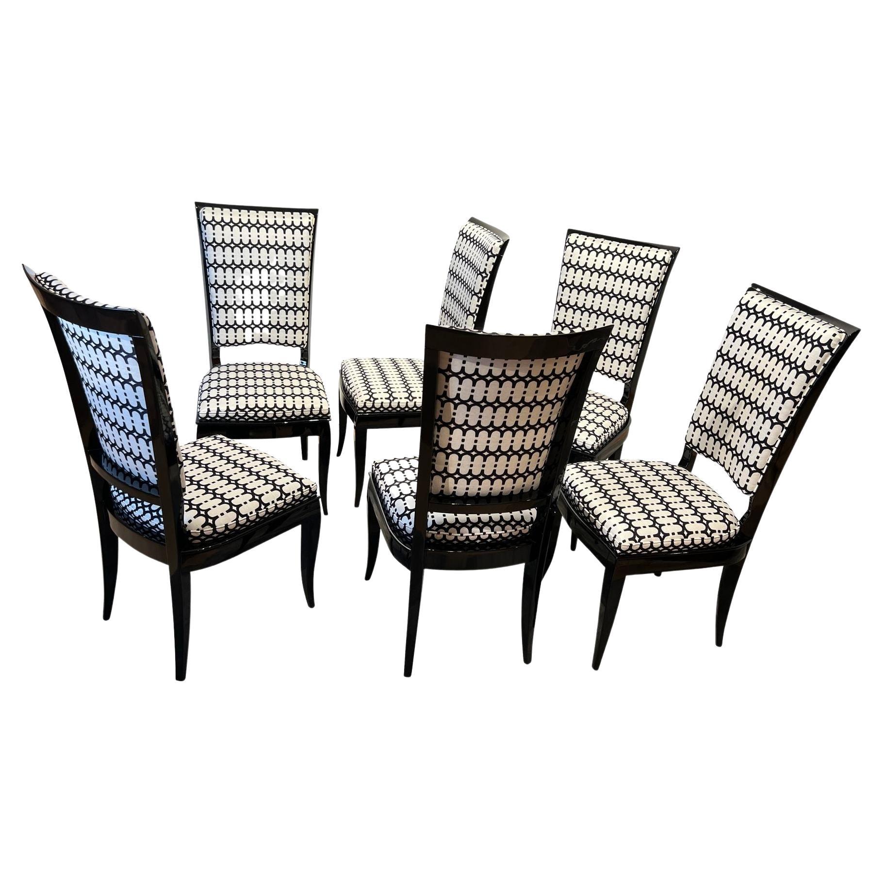 Set of Six Art Deco High Back Dining Chairs, Black Lacquer, France, circa 1930 For Sale