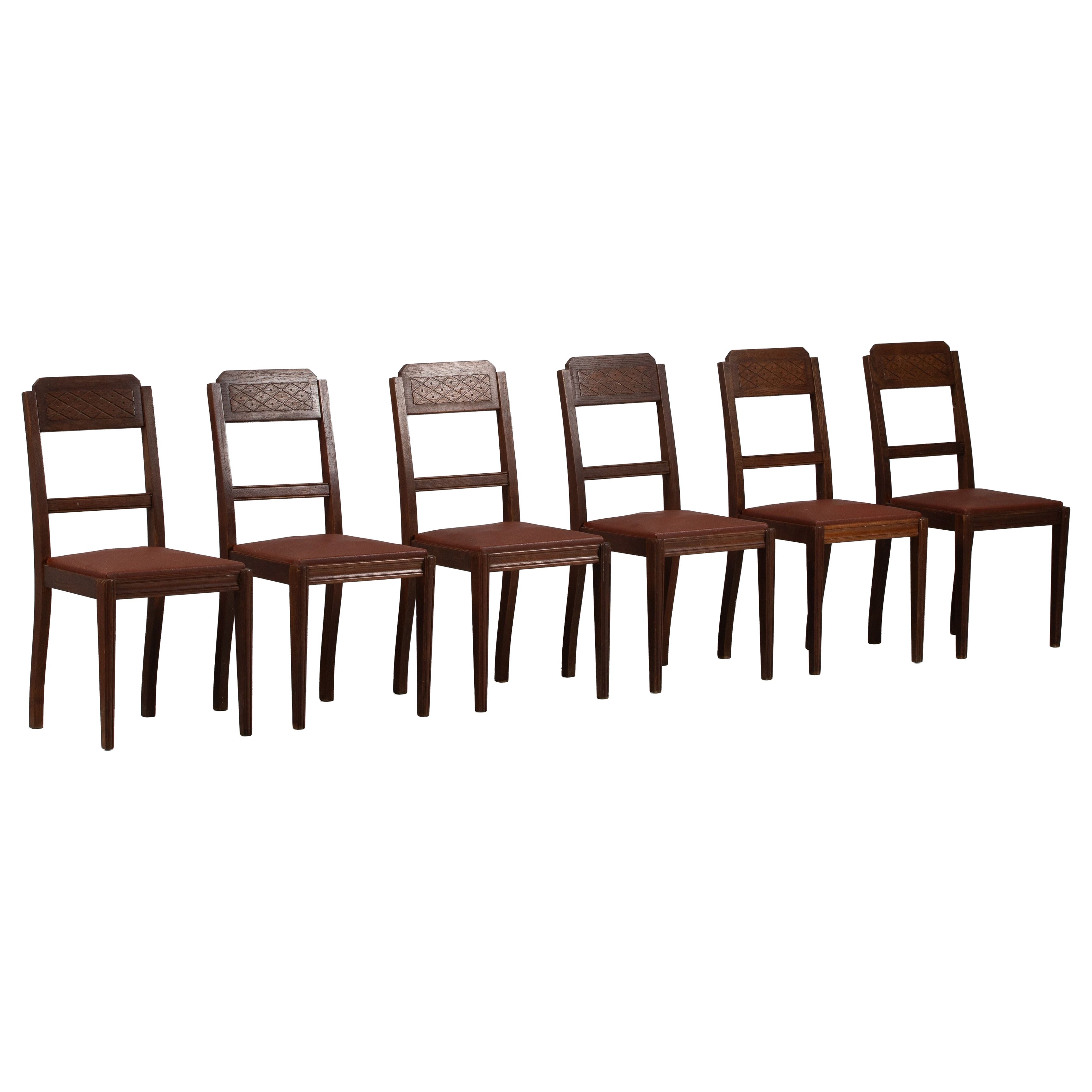 Set of Six Art Deco Oak Chairs, France, 1940s