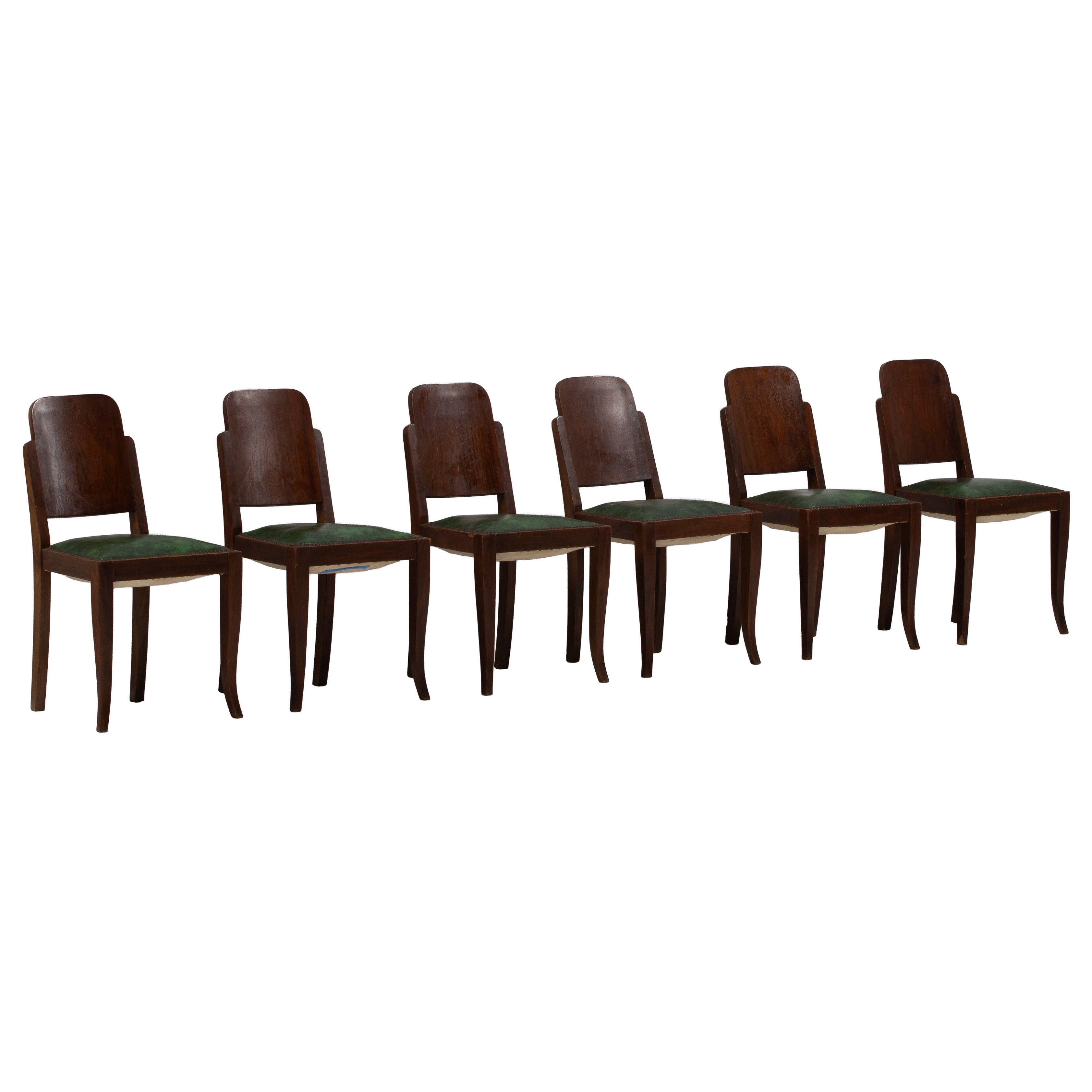 Set of Six Art Deco Oak Chairs, Shield Back and Sabre Legs, France, 1930s