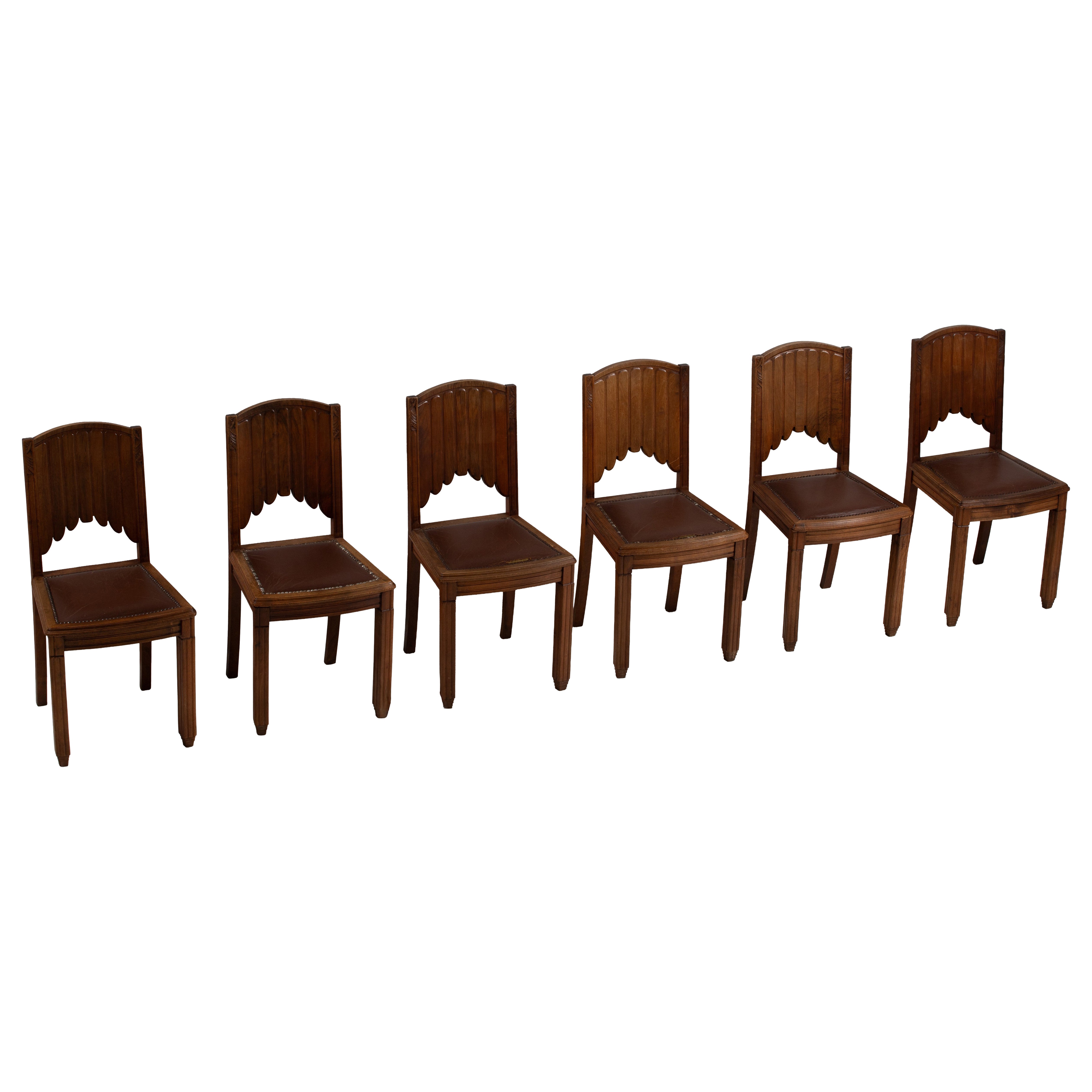 Set of Six Art Deco Oak Dining Chairs, France, 1940s