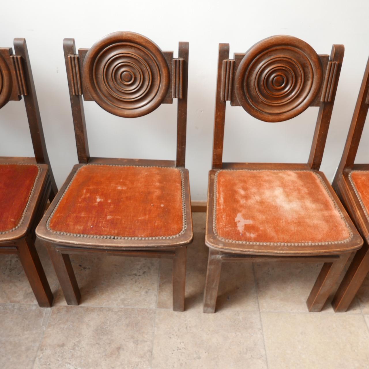 Wood Set of Six Art Deco Oak French Dining Chairs '6' For Sale